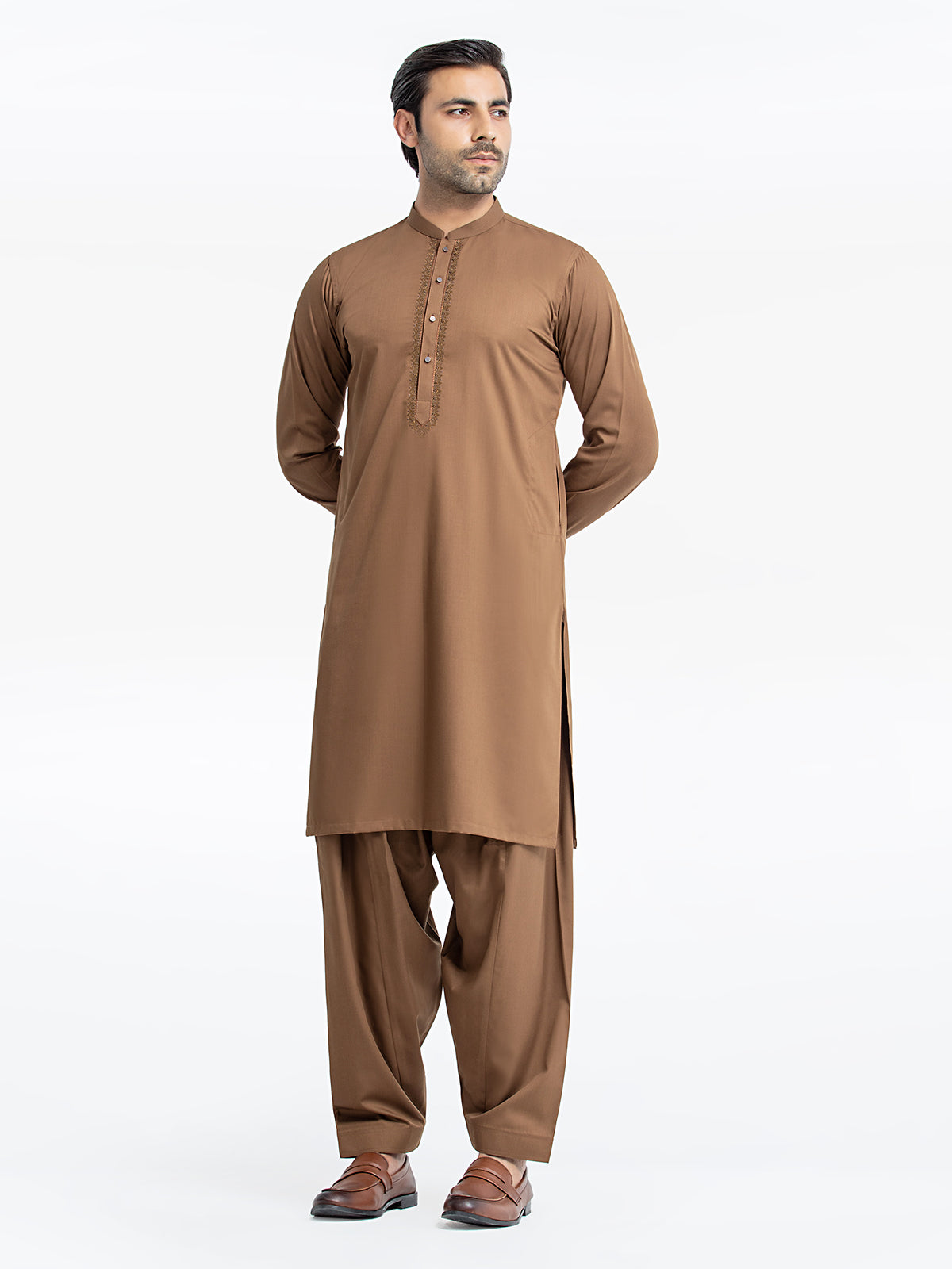 Men's Camel Brown Kurta Shalwar - EMTKS24-41104