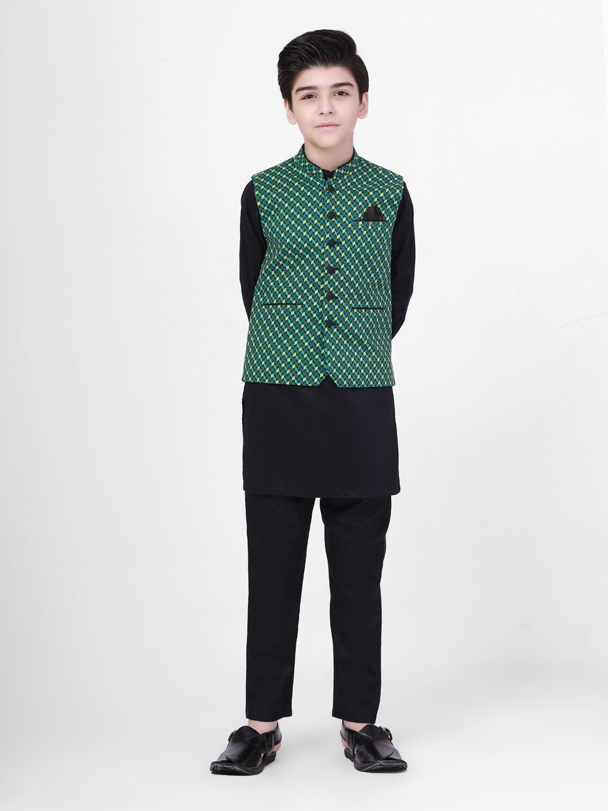 Boy's Green & Black Waist Coat Suit - EBTWCS21-25133