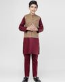 Boy's Beige & Maroon Waist Coat Suit - EBTWCS22-25154