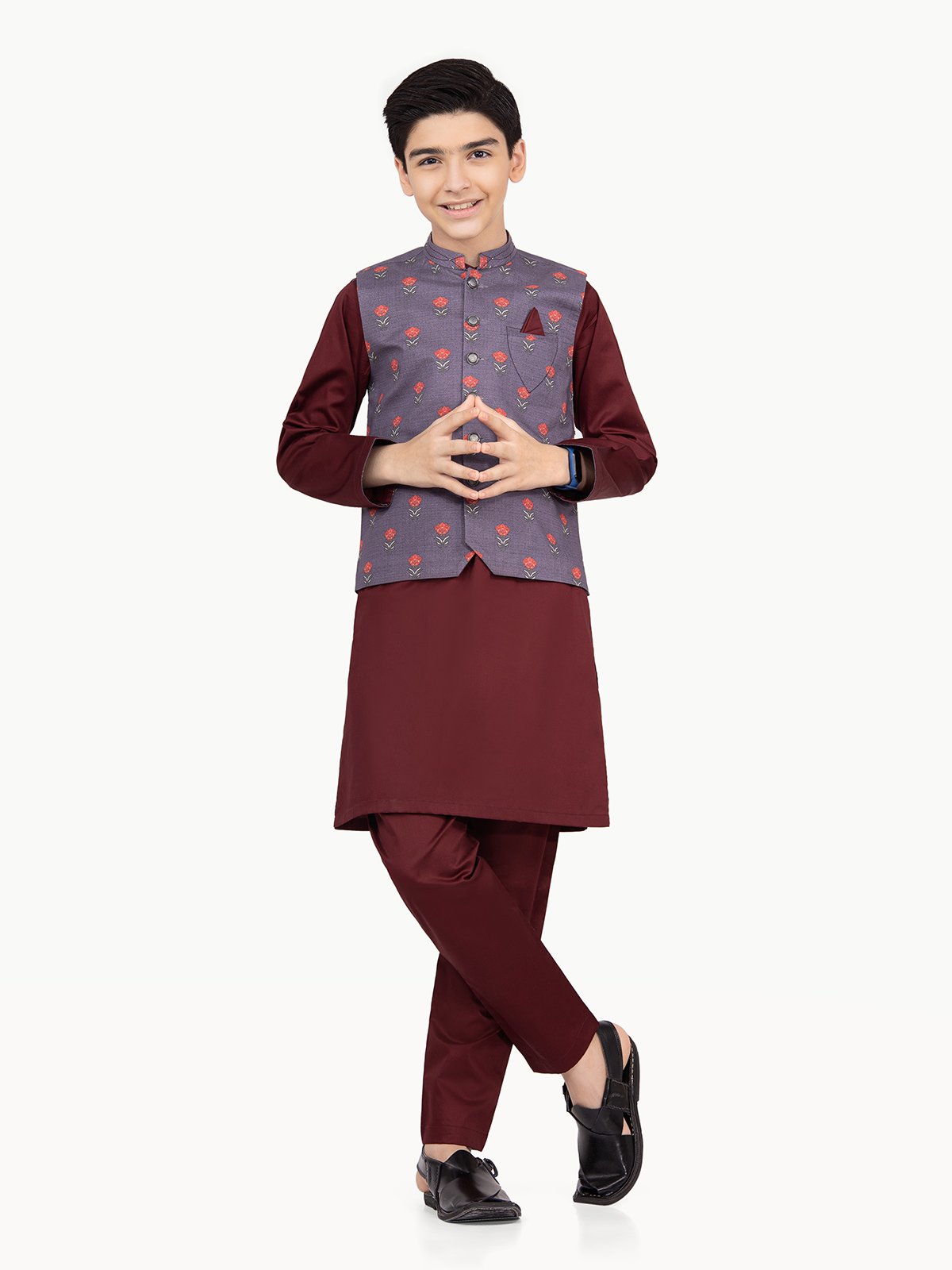 Boy's Purple & Maroon Waist Coat Suit - EBTWCS22-25158