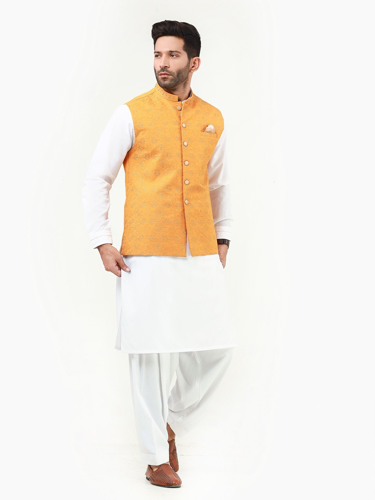 edenrobe Men's Yellow Waist Coat Ceremonial EMTWCC22-130