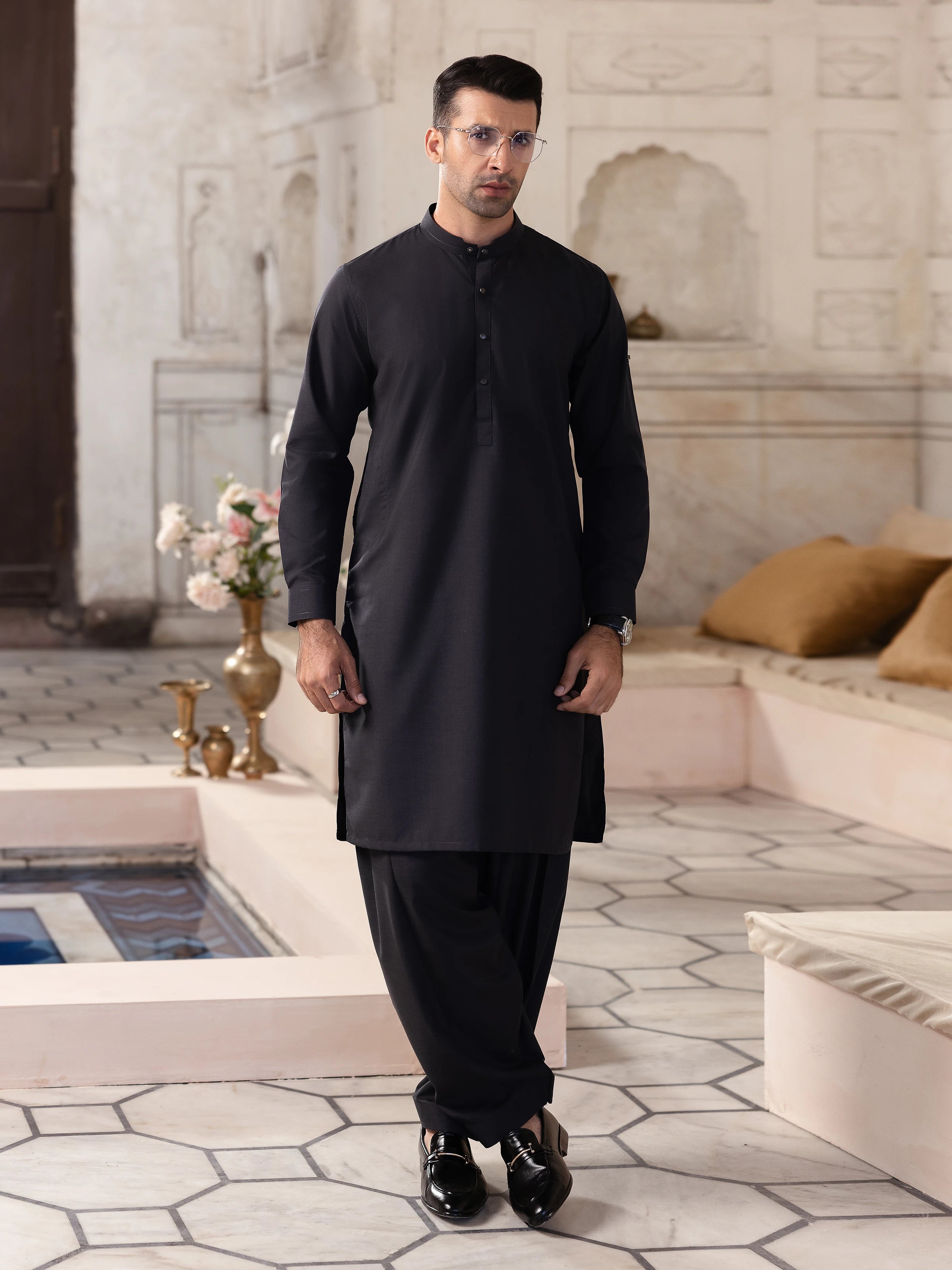 Men's Charcoal Grey Kurta Shalwar - EMTKST5-99516