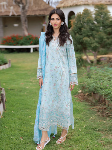 Unstitched Light Aqua Embroidered Lawn 3 Piece - EWU5V1-31438-3P
