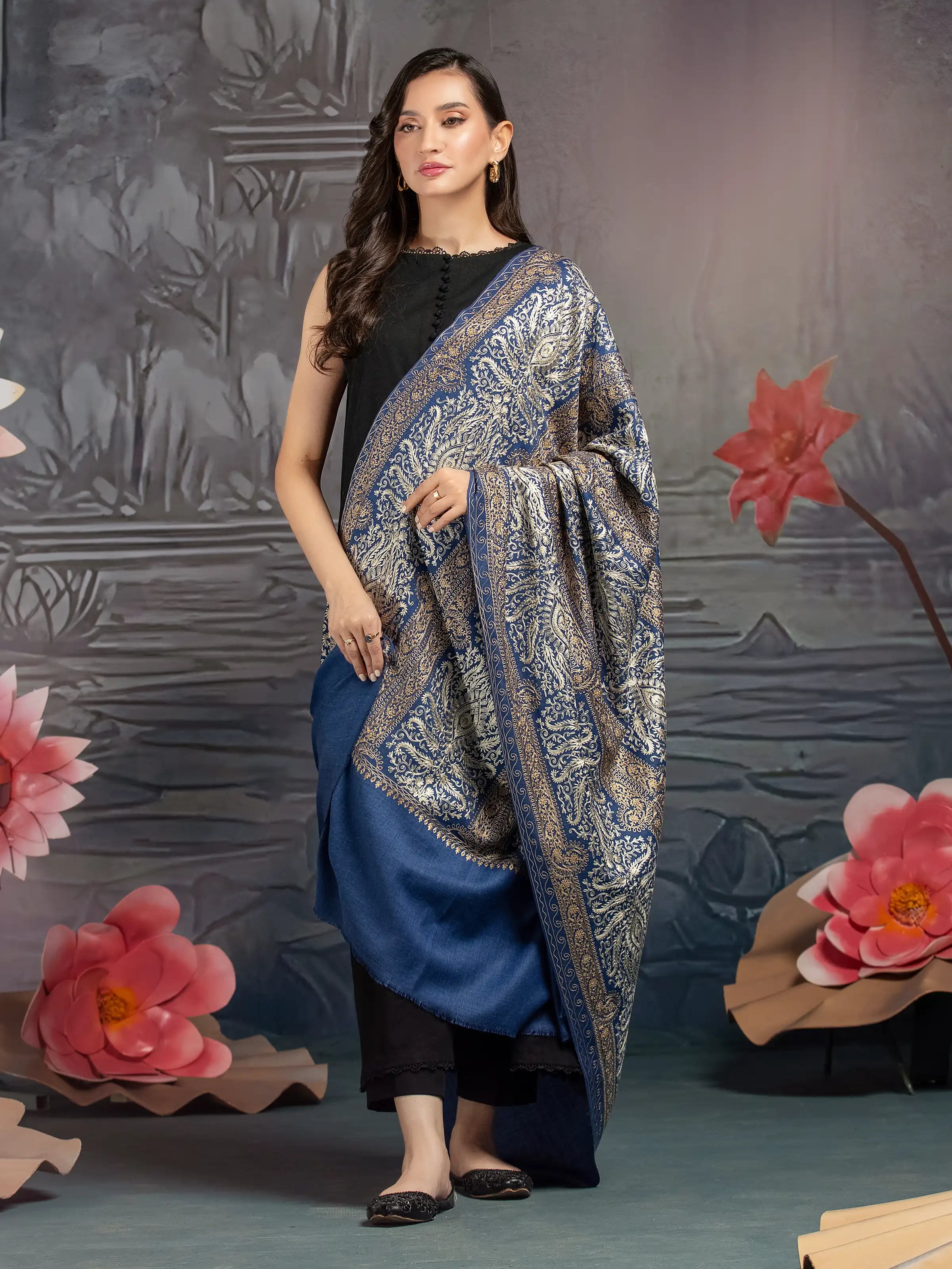 Embroidered Pashmina Jacquard Zari Shawl - EWMSE5-001