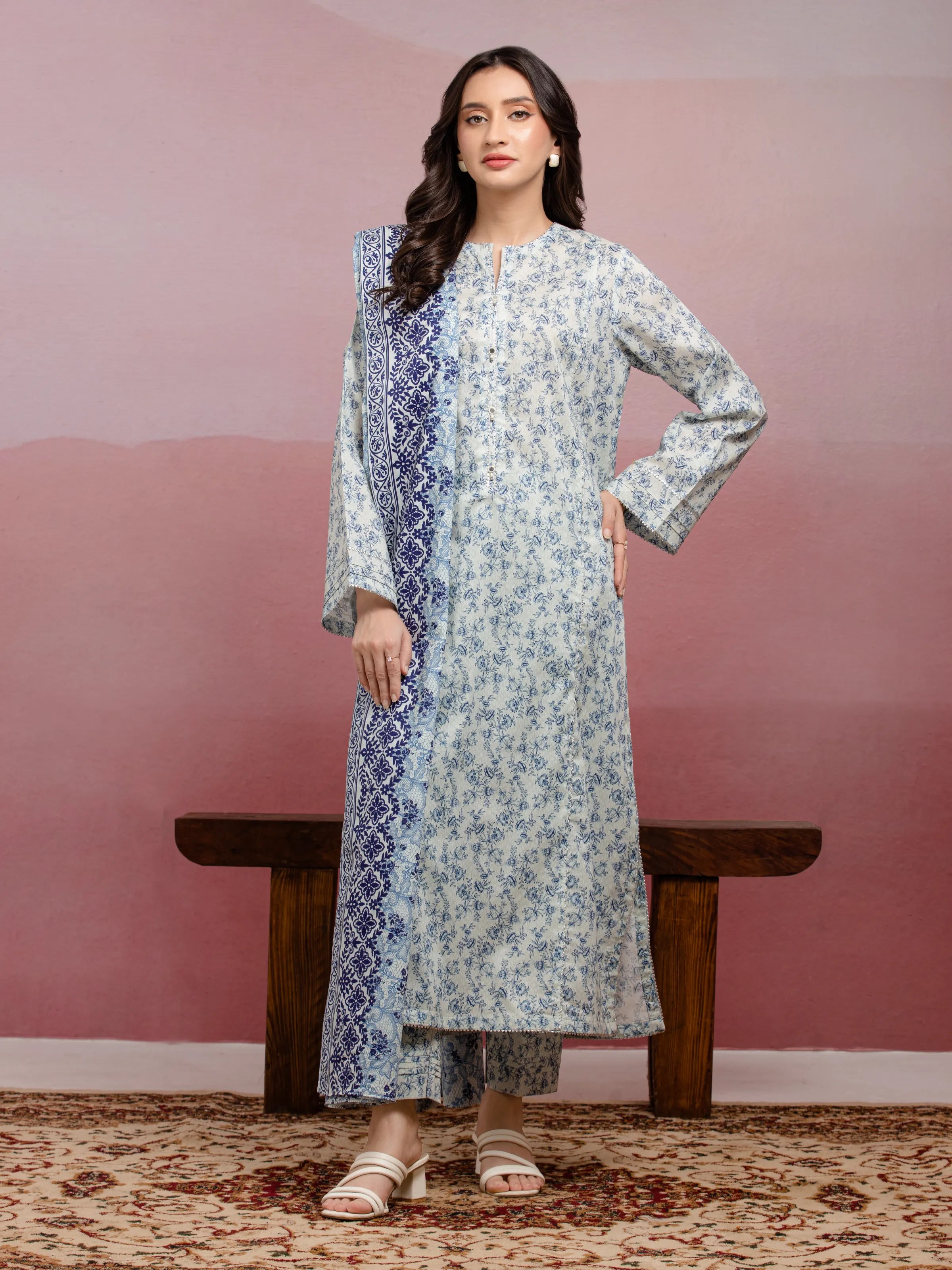 Unstitched Grey & Blue Printed Lawn 3 Piece - EWU5A1-35039-3P