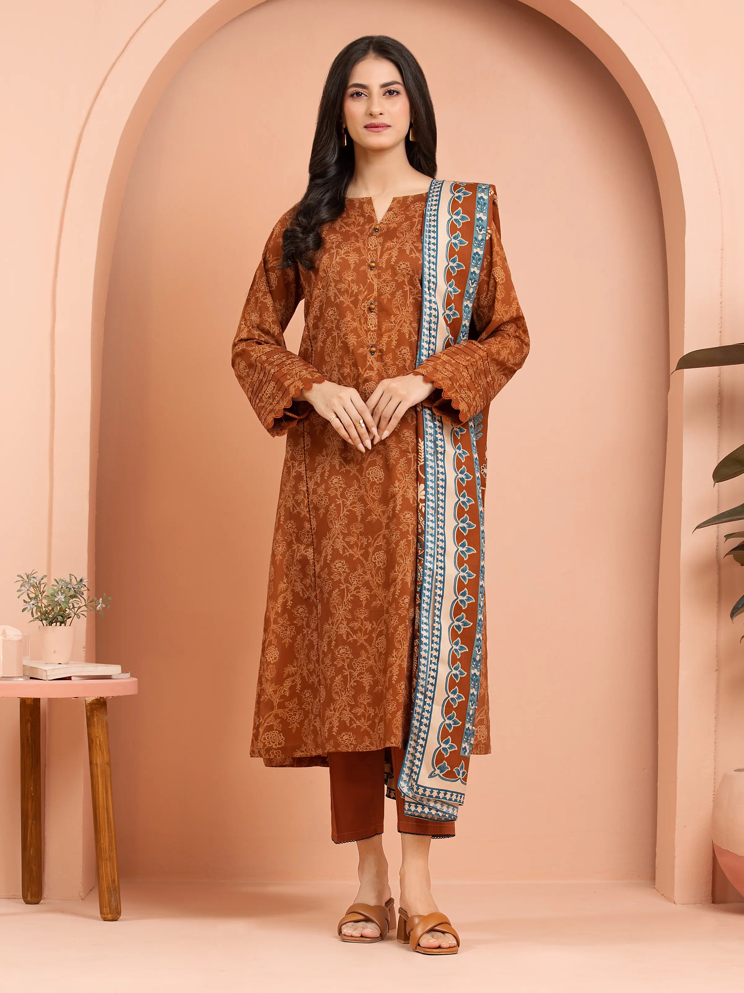 Unstitched Rust Printed Khaddar 3 Piece - EWU24M3-101-3P