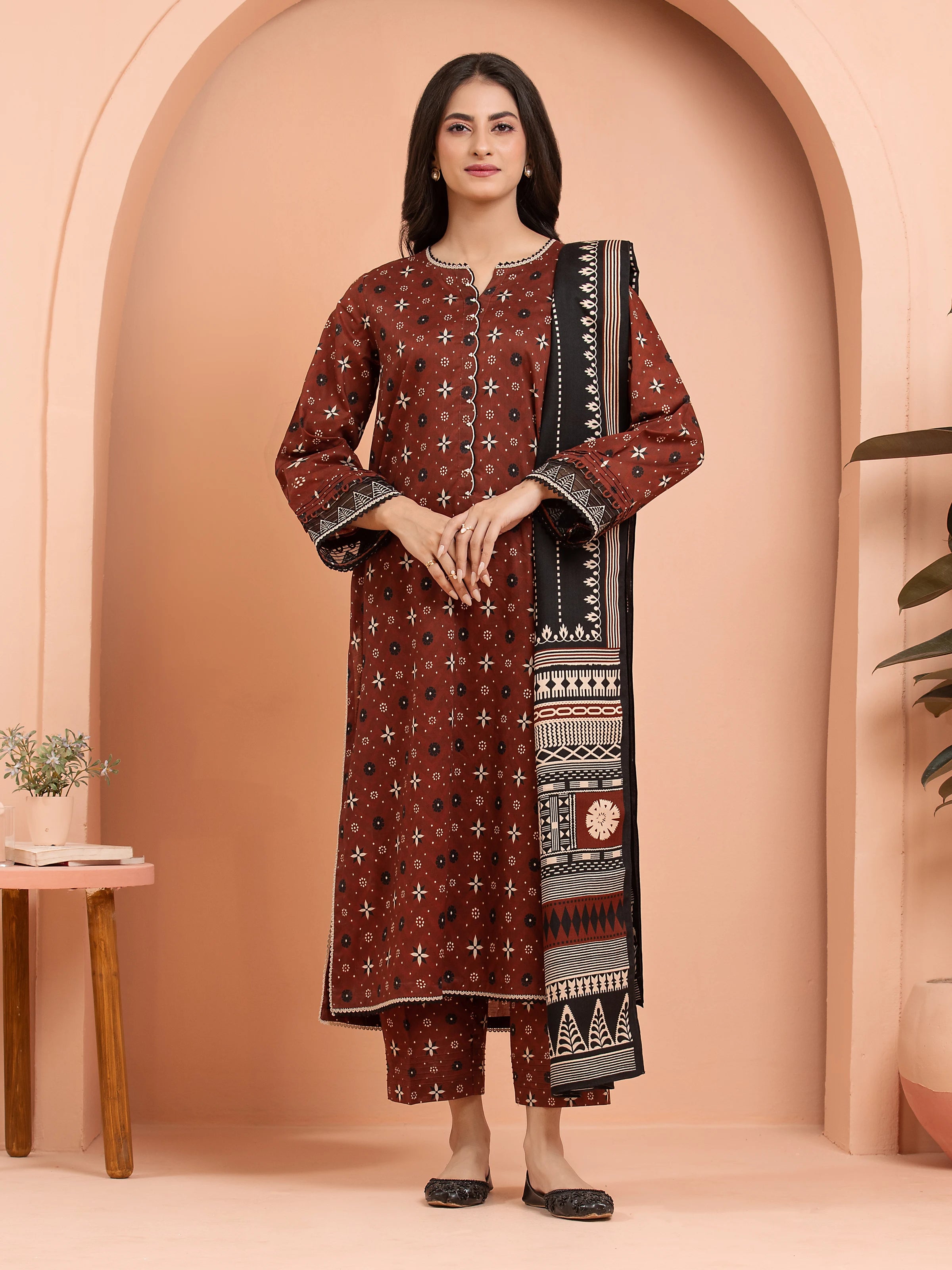 Unstitched Chocolate Brown Printed Khaddar 3 Piece - EWU24M3-076-3P