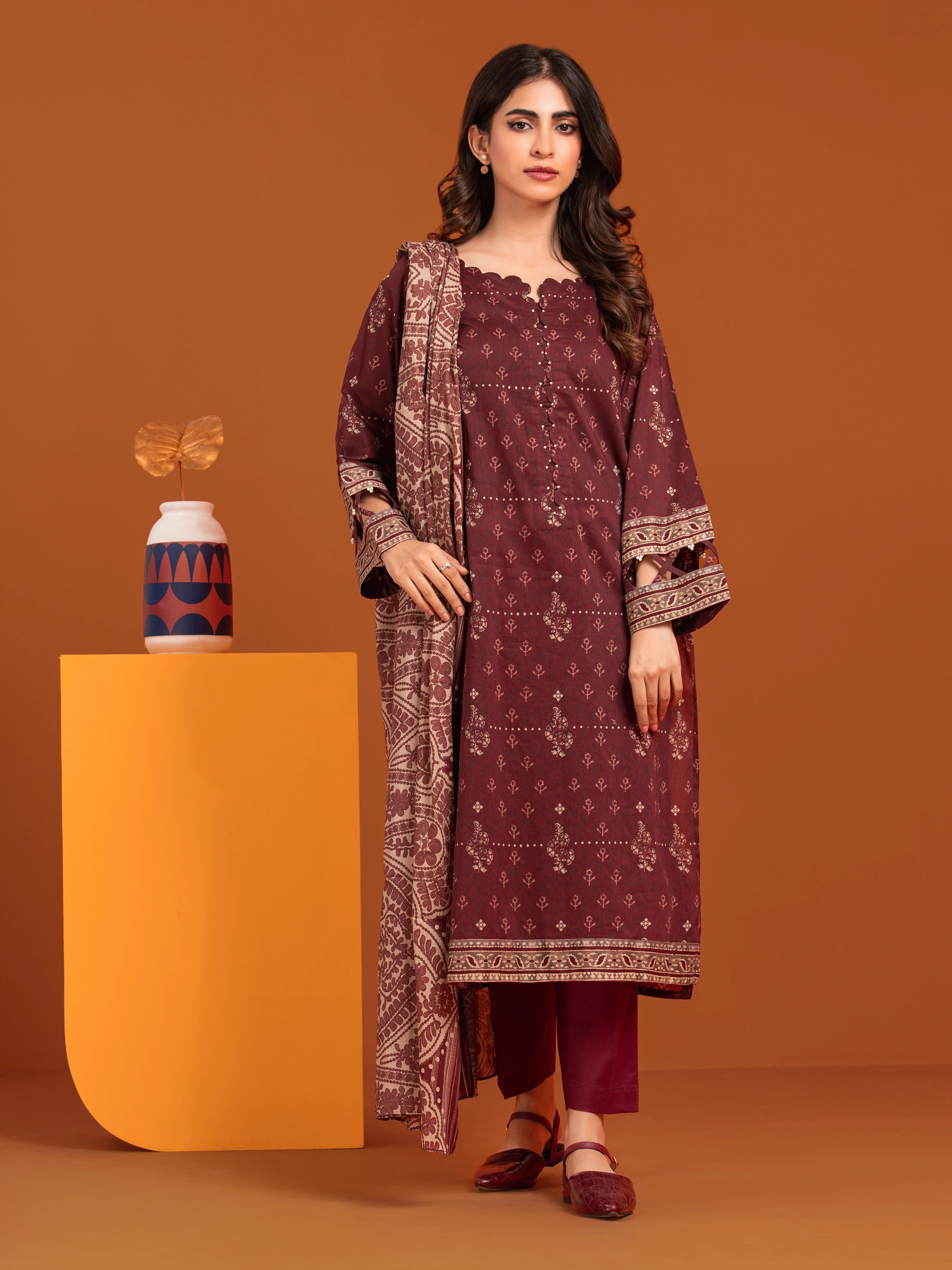 Unstitched Maroon Printed Khaddar 3 Piece - EWU23A3-27193-3P