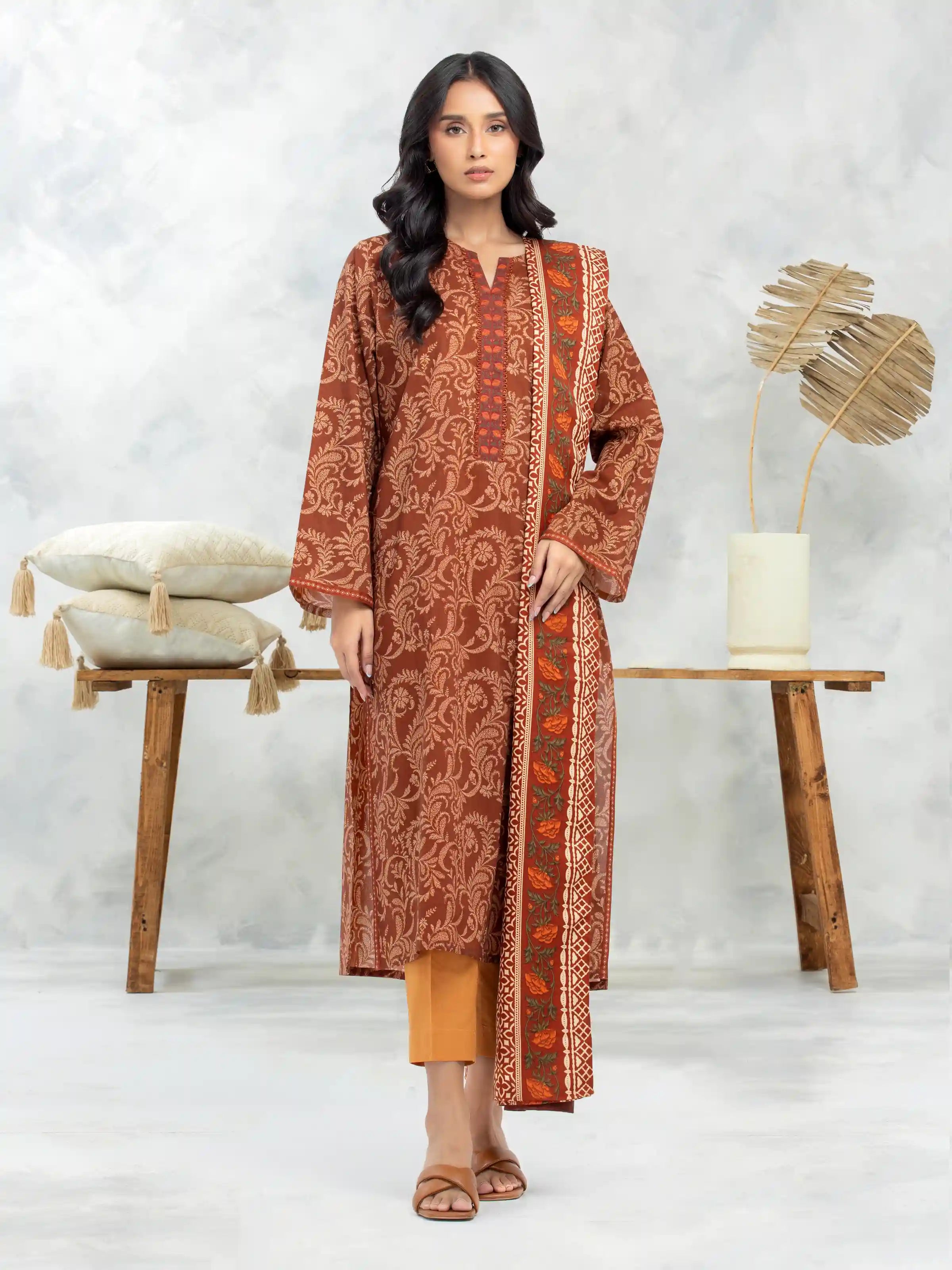 Unstitched Brown Printed Khaddar 3 Piece - EWU24M3-104