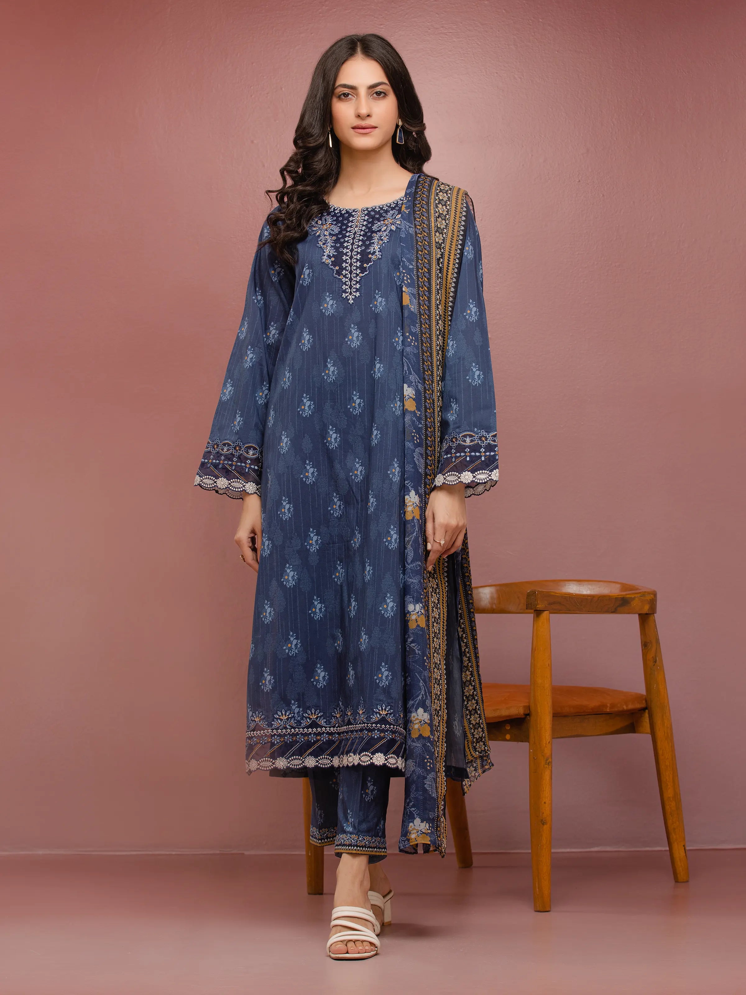 Unstitched Blue Embroidered Cambric 3 Piece - EWU5V2-31057-3P