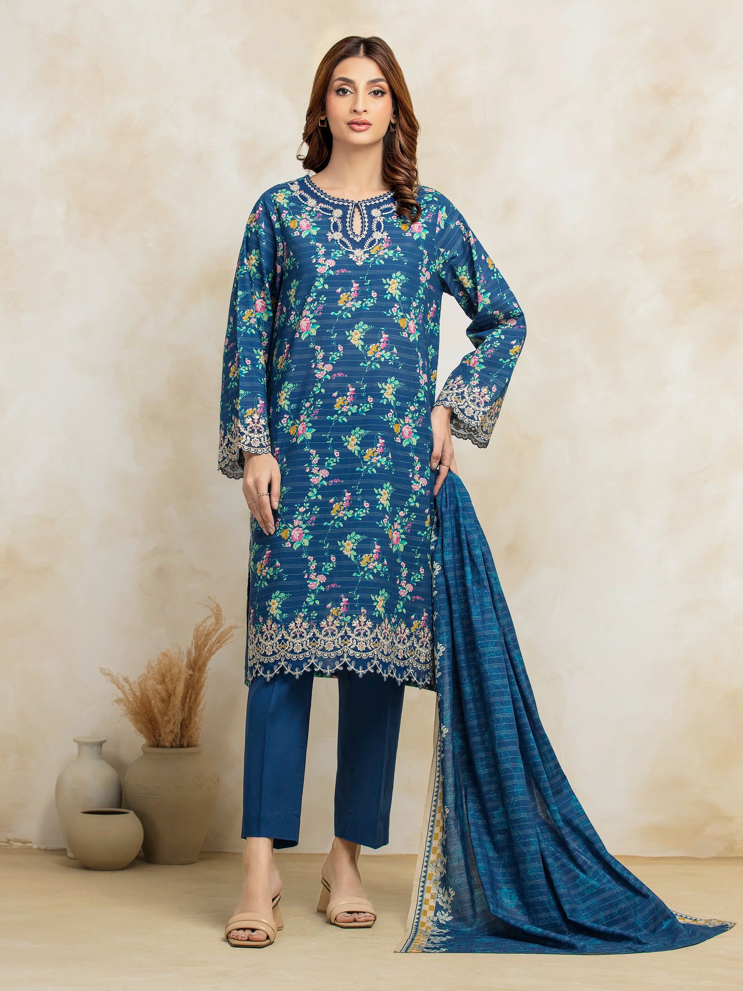 Unstitched Blue Embroidered Lawn 3 Piece - EWU5V1-31182-3P