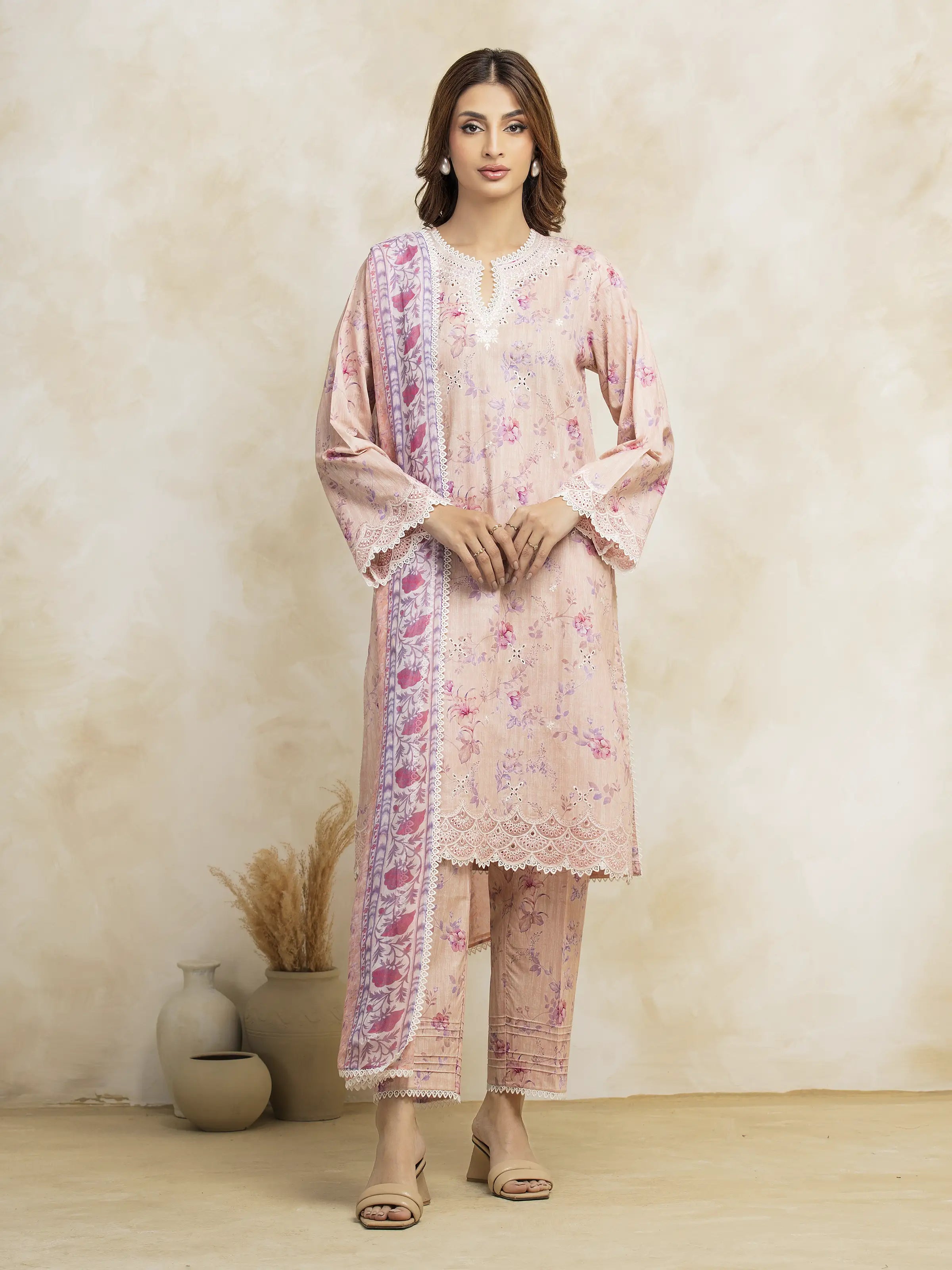 Unstitched Light Pink Embroidered Lawn 3 Piece - EWU5V1-31085-3P