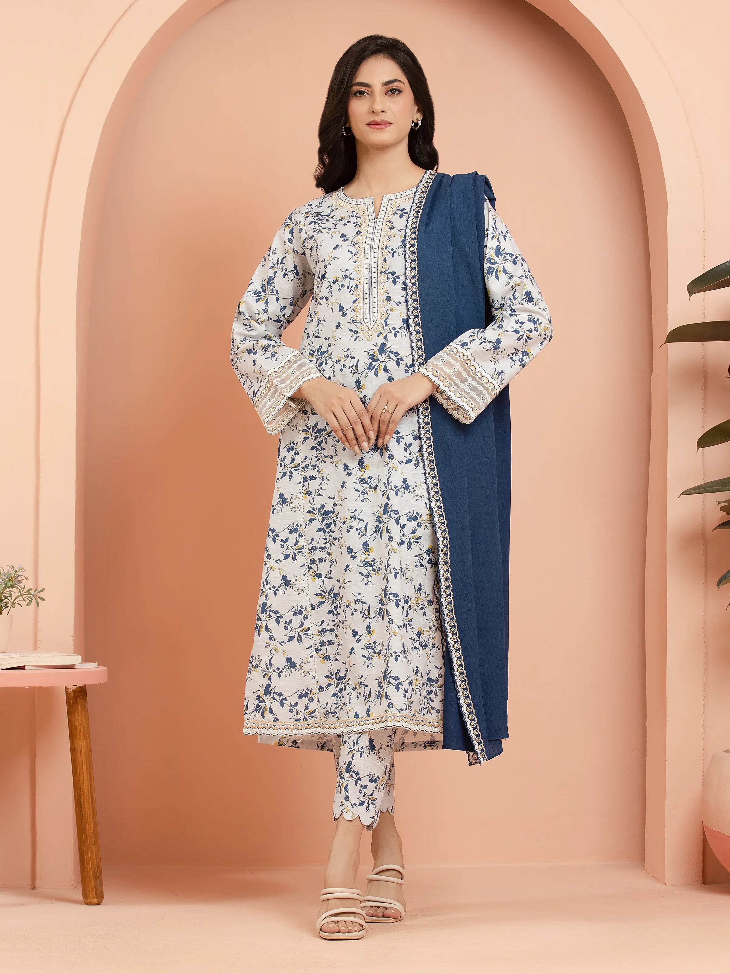 Unstitched Ice Blue Embroidered Khaddar 3 Piece - EWU24V11-30195-3P