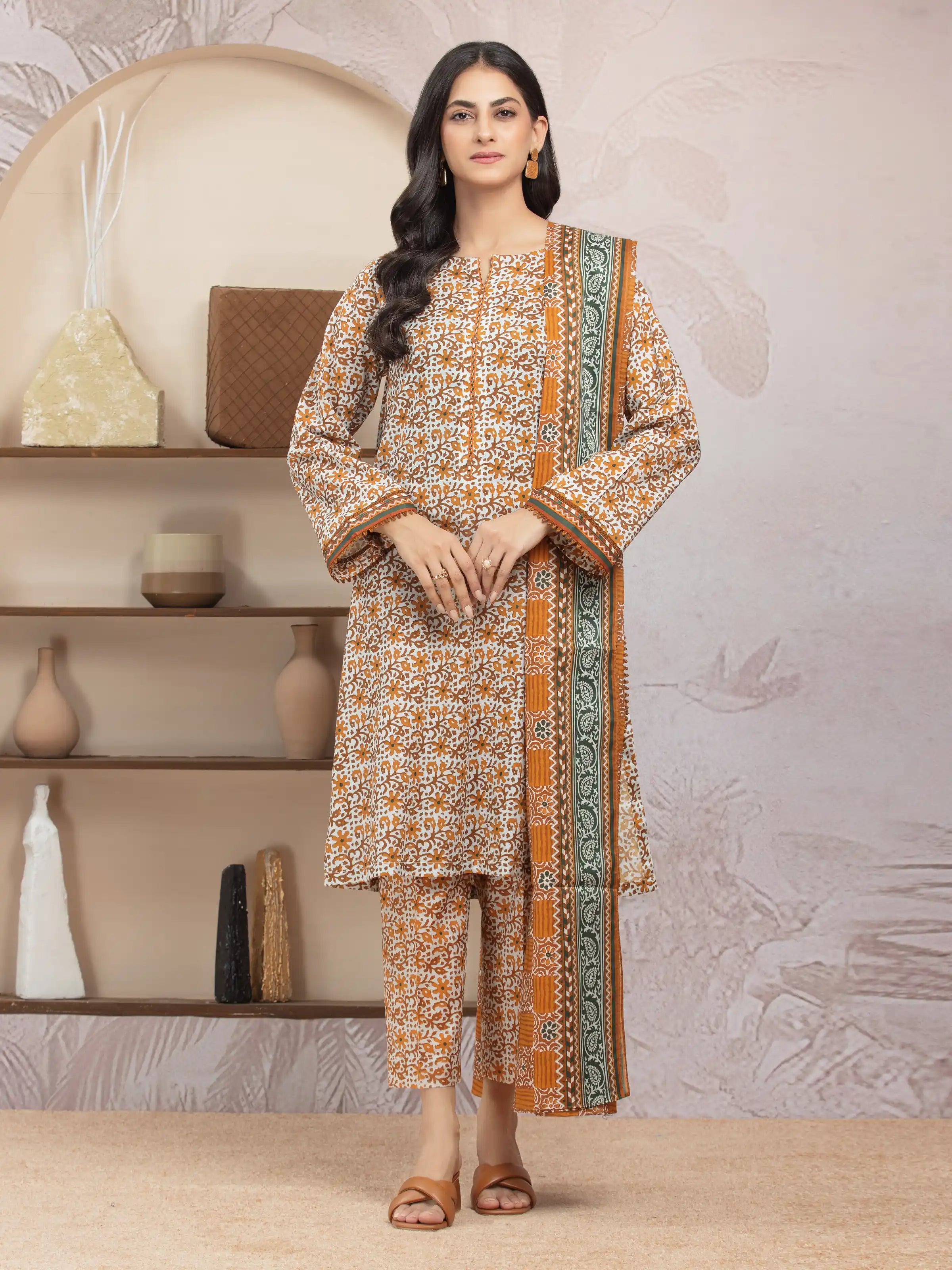 Unstitched White & Brown Printed Lawn 3 Piece - EWU5A1-35027-3P