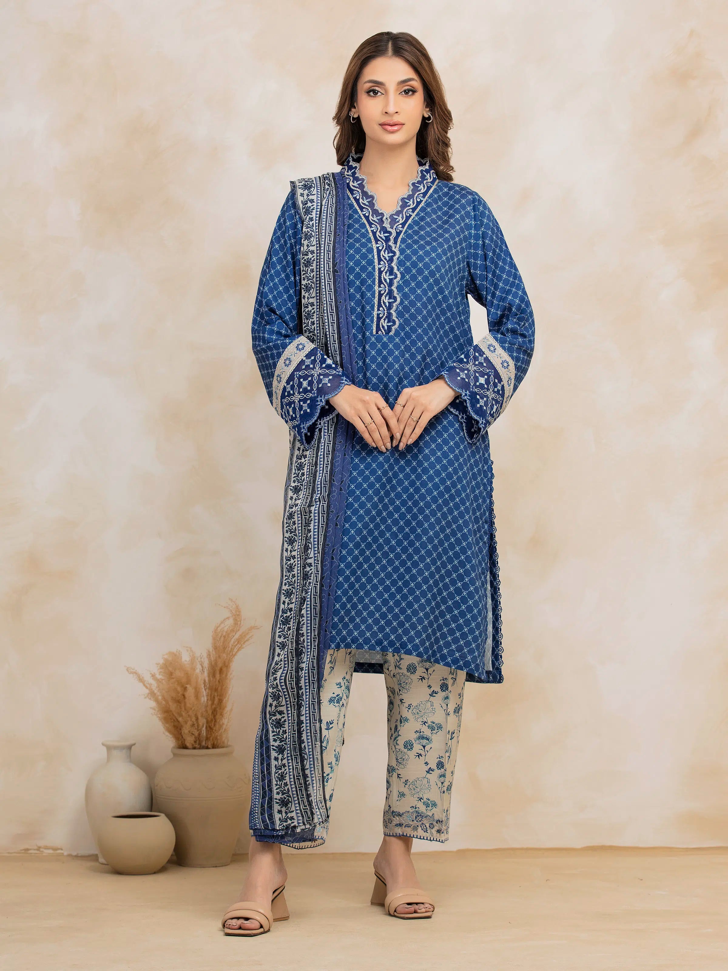 Unstitched Blue Embroidered Raw Silk 3 Piece - EWU5V16-30378-3P