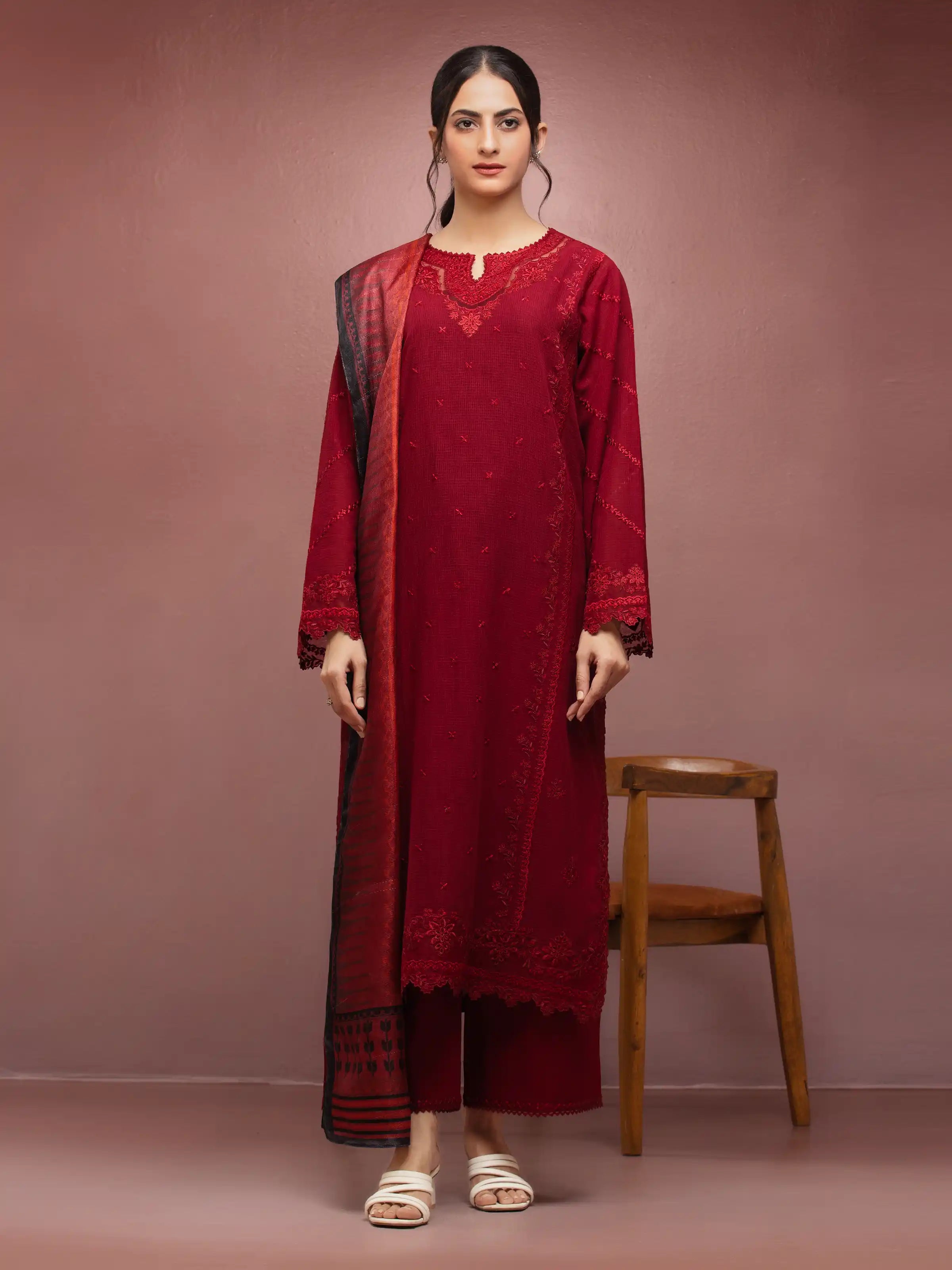 Unstitched Dark Maroon Embroidered Lawn 3 Piece - EWU5V1-31240-3P