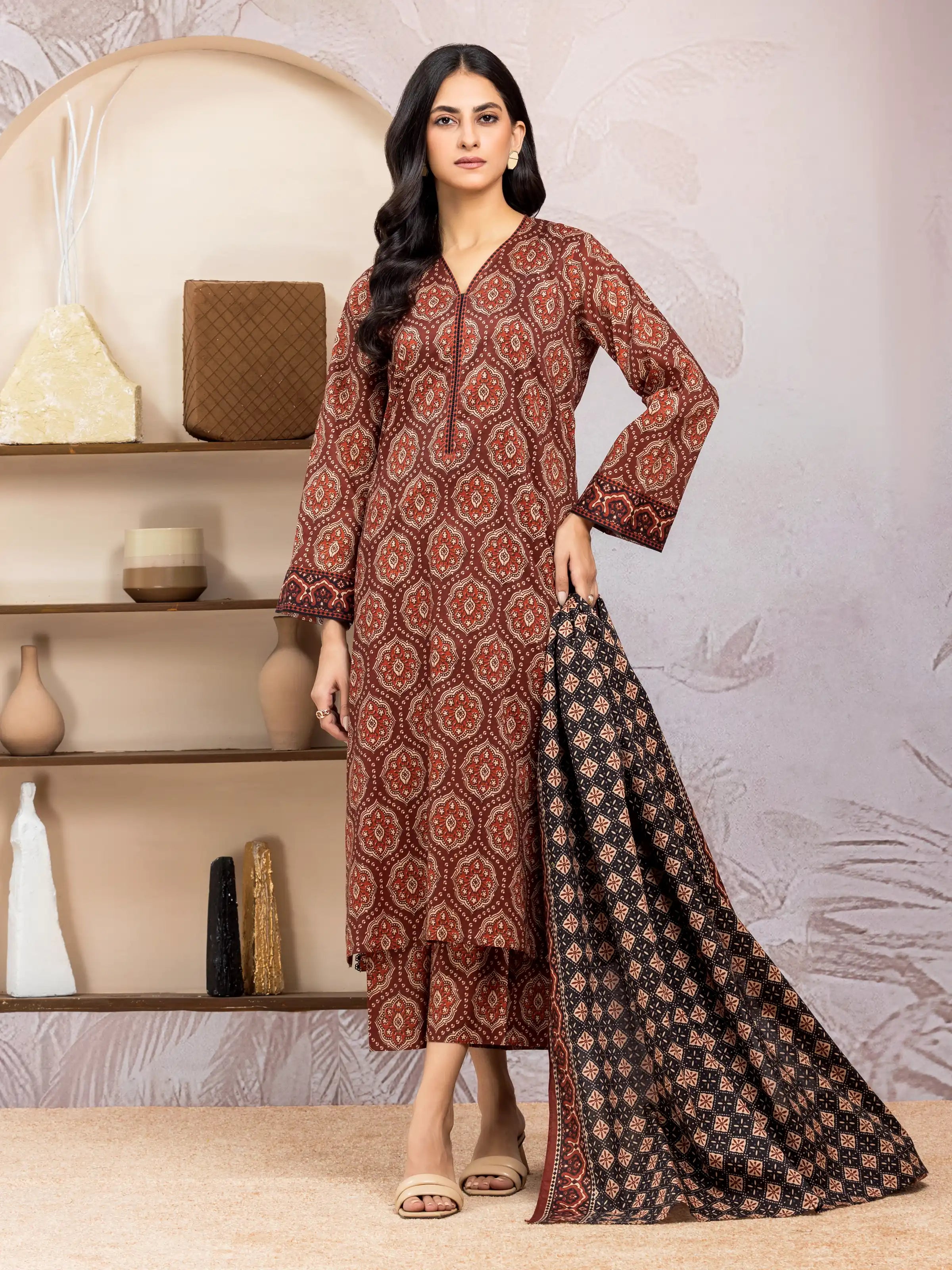 Unstitched Chocolate Brown Printed Lawn 3 Piece - EWU5A1-35034-3P