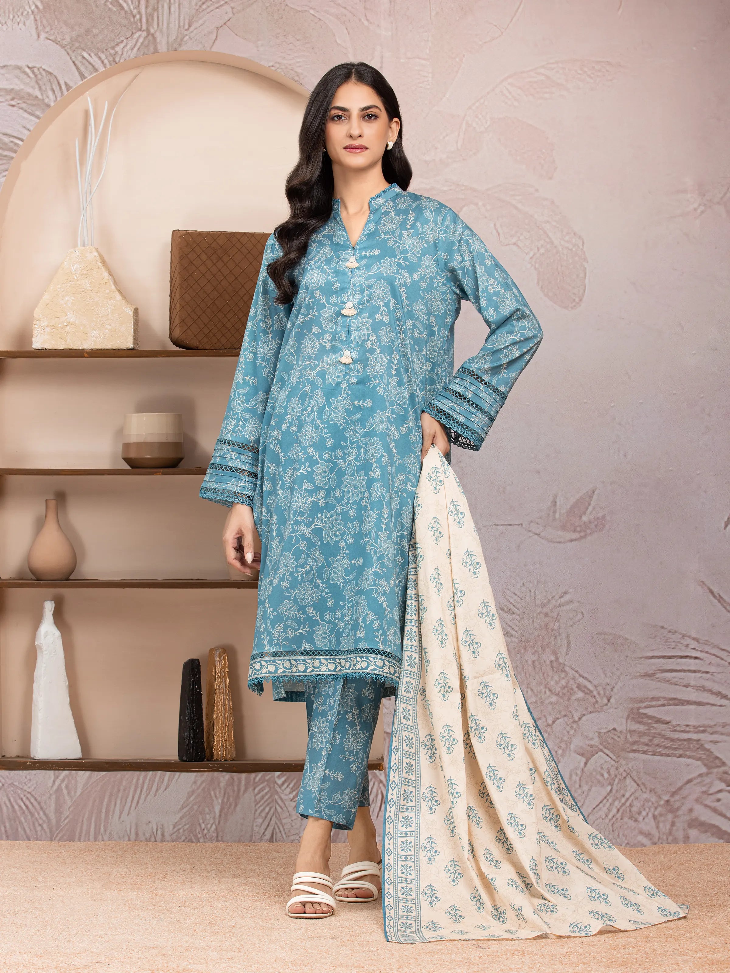 Unstitched Dark Turquoise Printed Lawn 3 Piece - EWU5A1-35000-3P