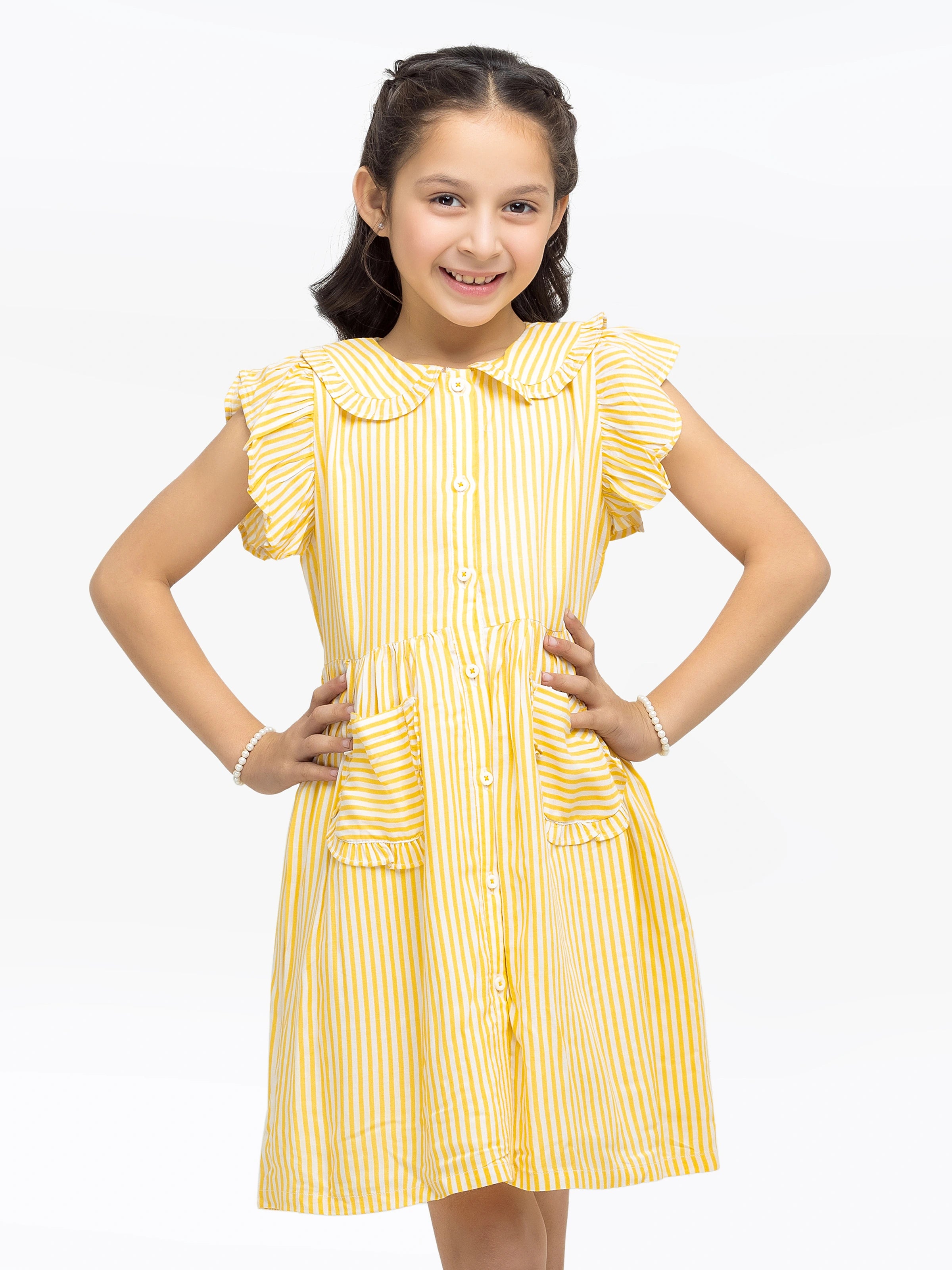 Girl's Yellow & White Frock - EGTF24S-200100