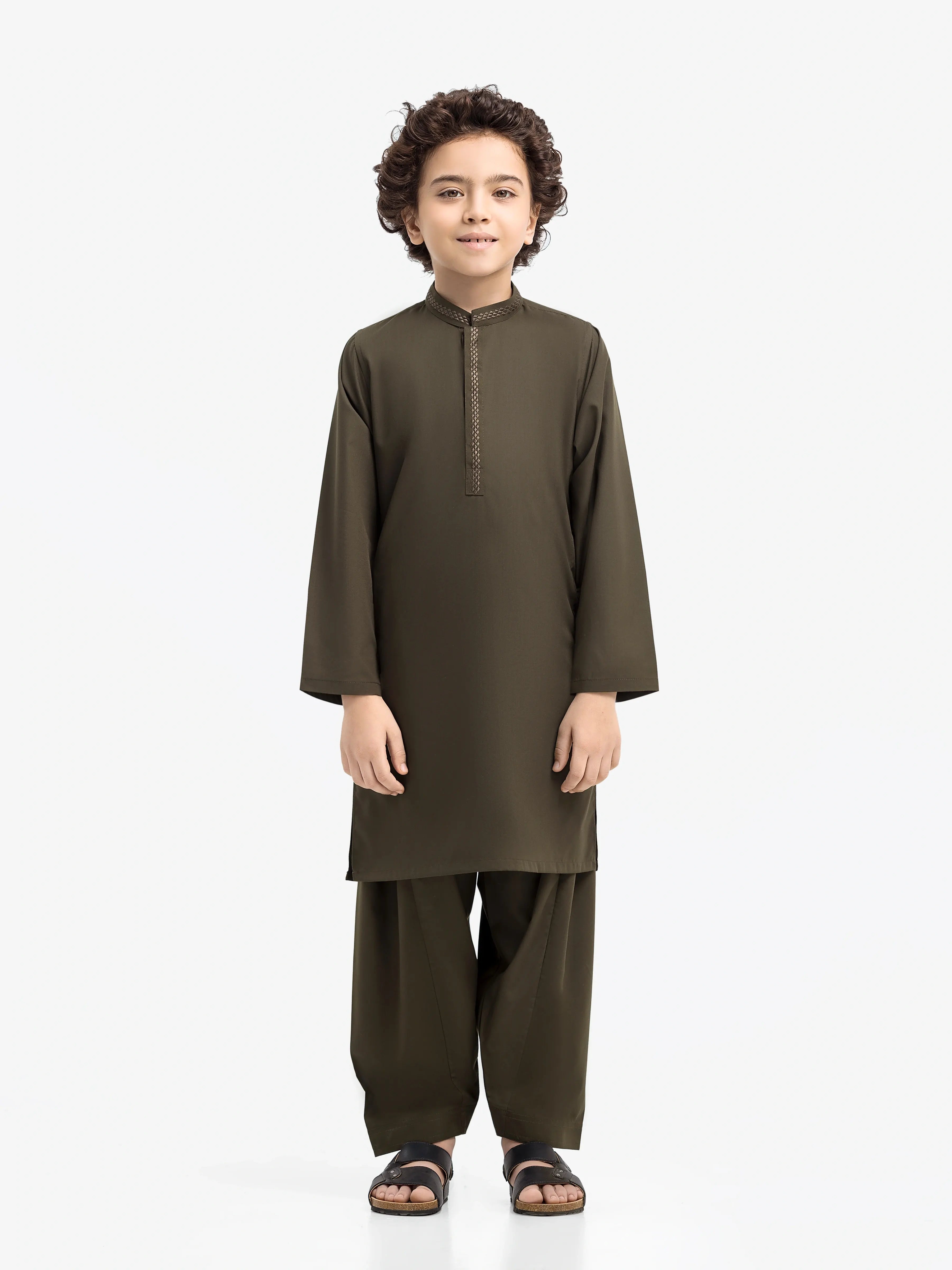 Boy's Deep Olive Kurta Shalwar - EBTKS24-3967