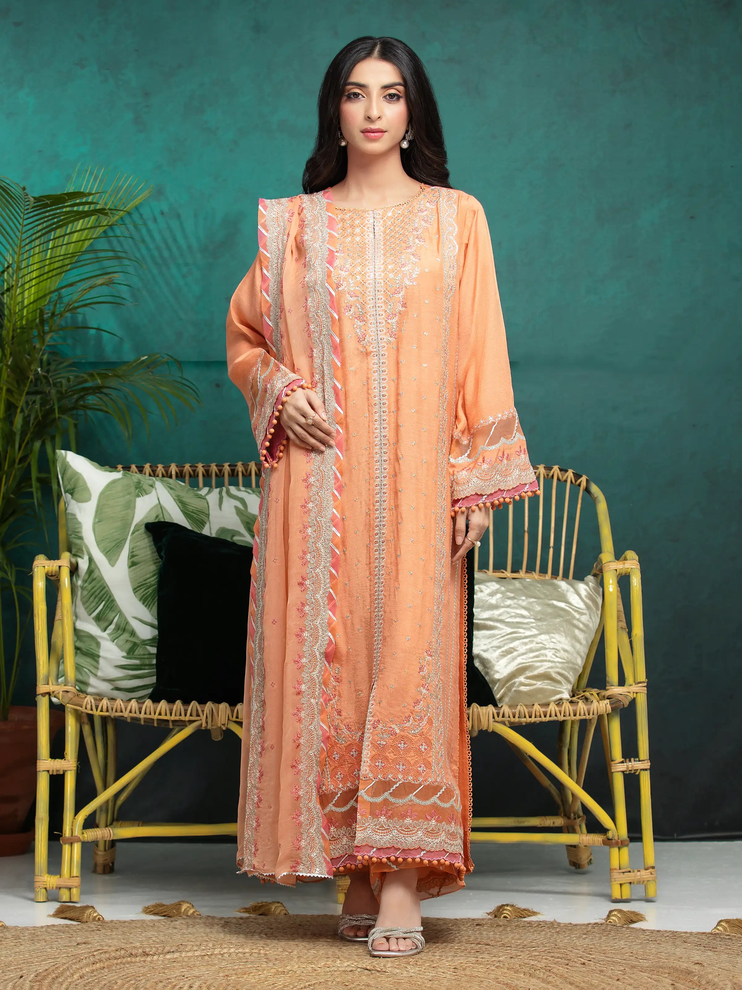 Unstitched Light Orange Embroidered Raw Silk 3 Piece - EWU24V16-30288-3P