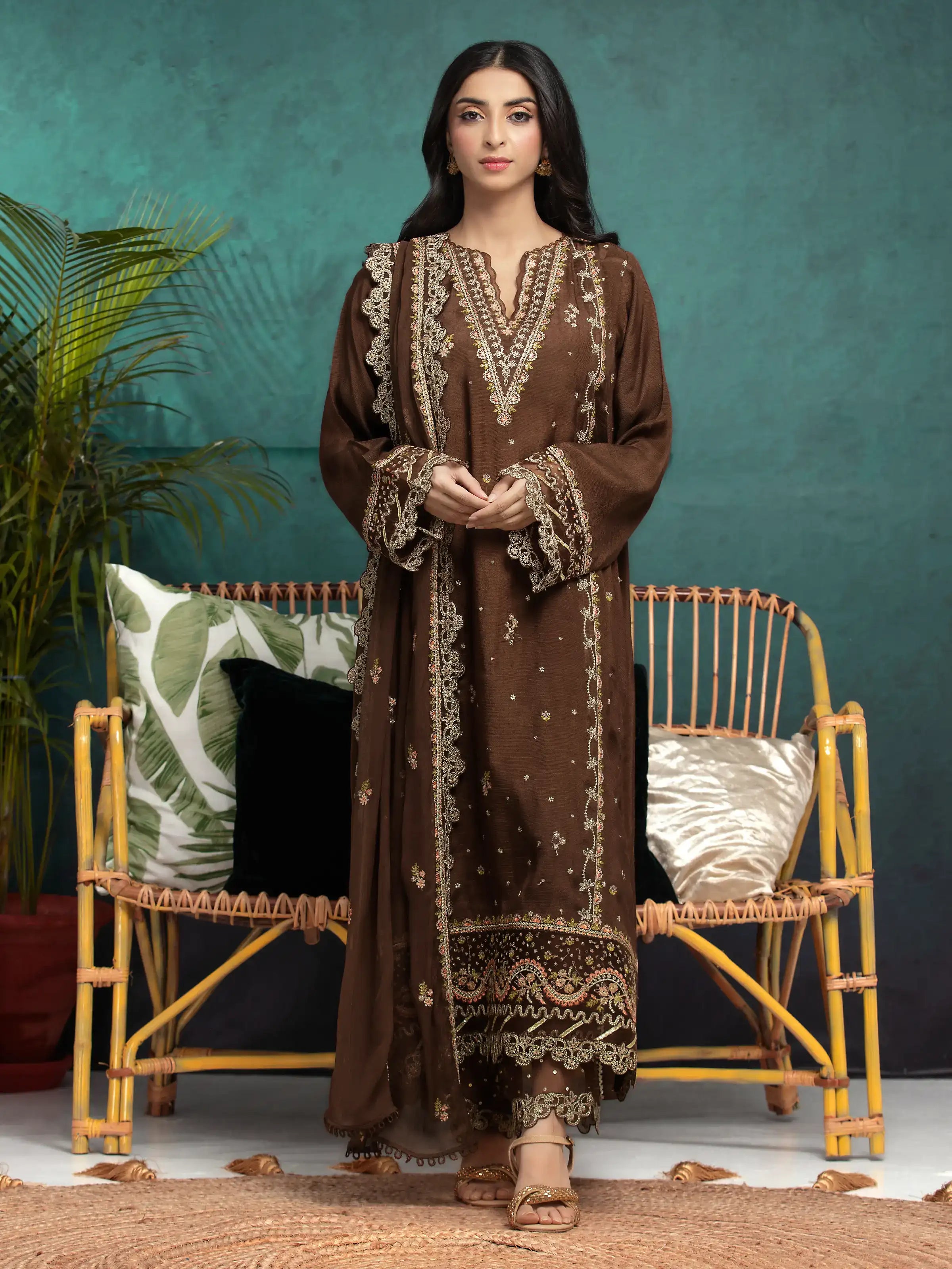 Unstitched Brown Embroidered Raw Silk 3 Piece - EWU24V16-30286-3P