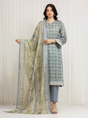 Unstitched Stone Blue Printed Zari Lawn Suit - EWU6M6-023-3P