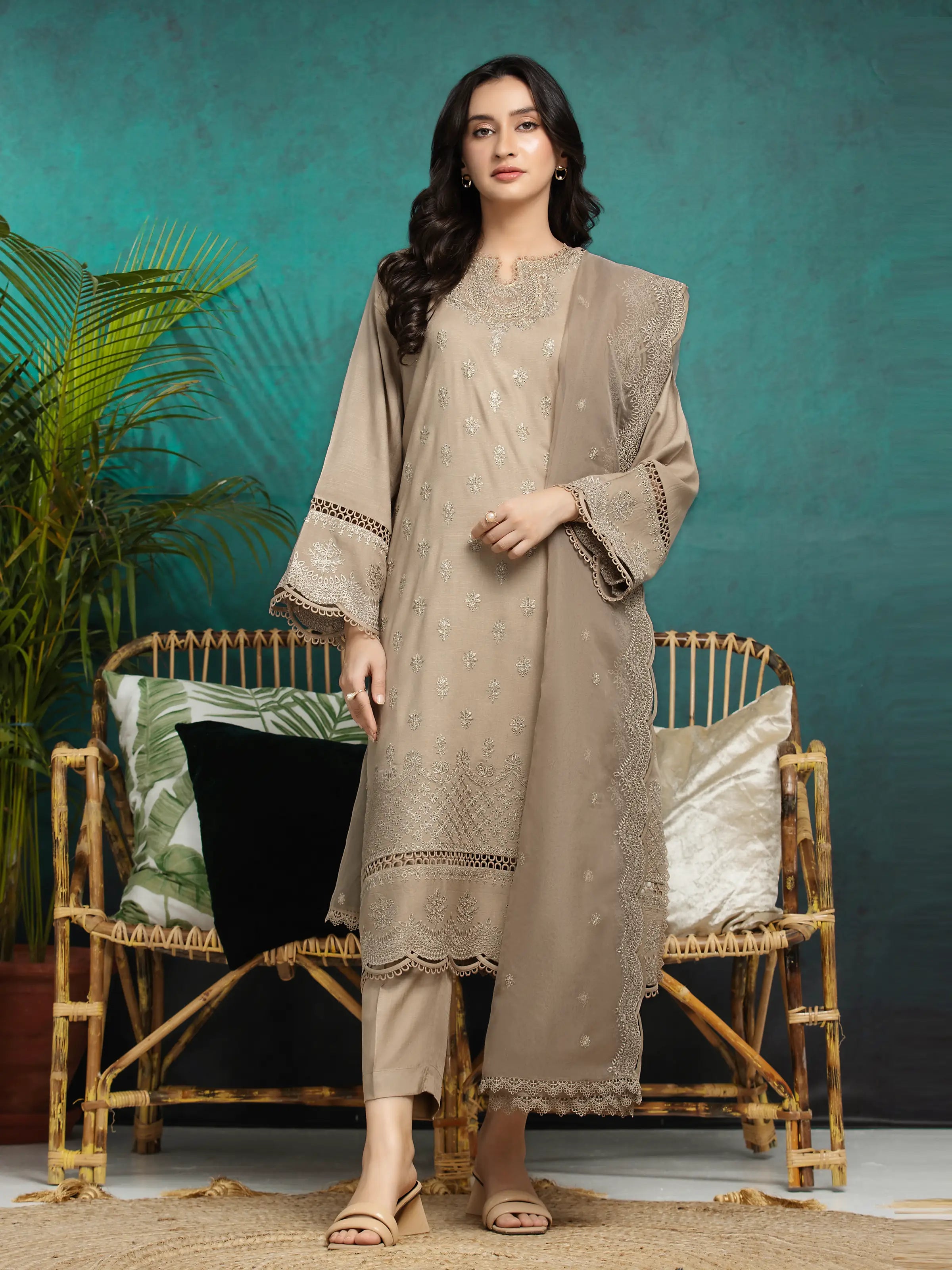 Unstitched Khaki Embroidered Raw Silk 3 Piece - EWU24V16-30284-3P