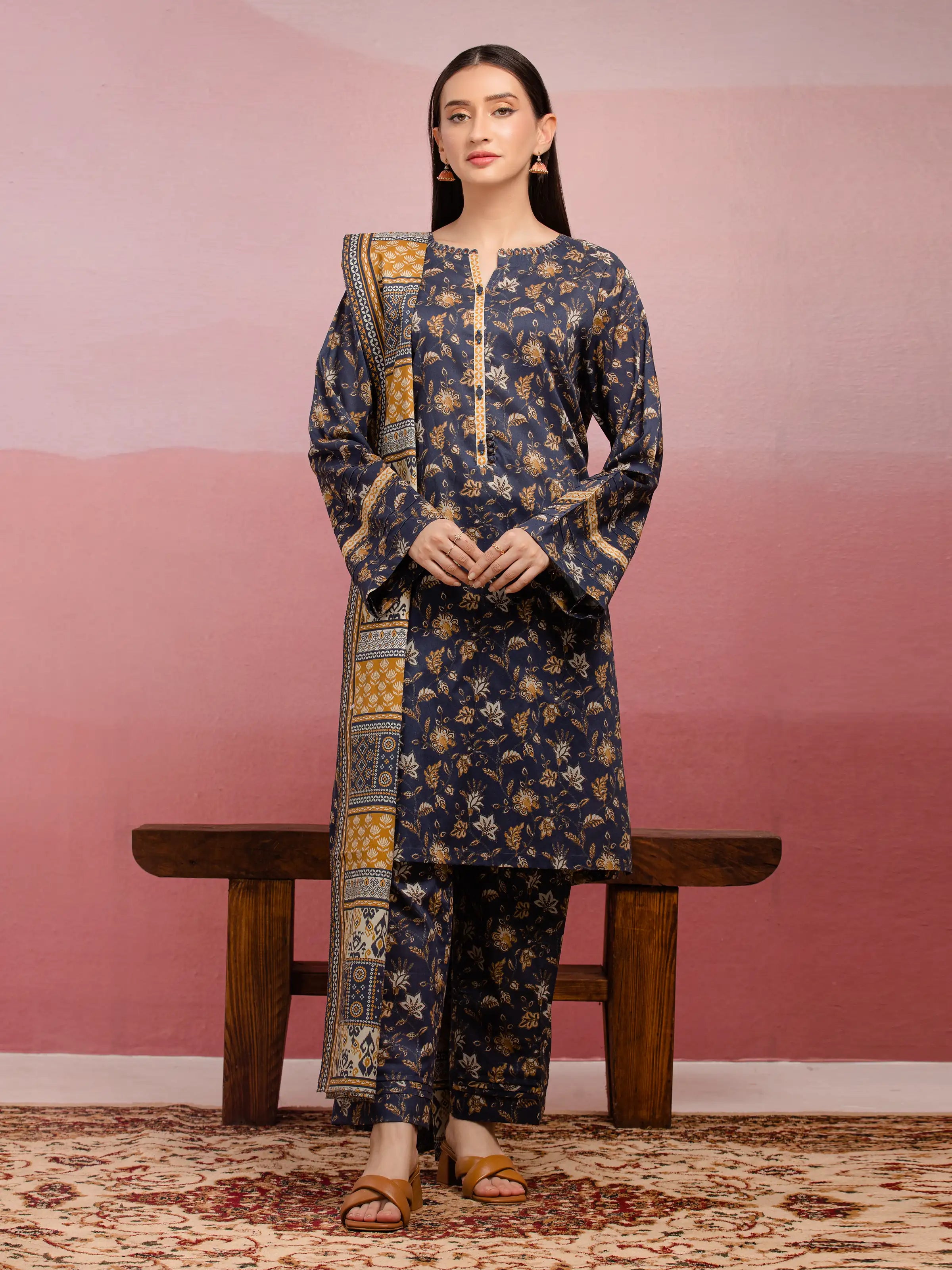 Unstitched Navy Blue Printed Lawn 3 Piece - EWU5A1-35005-3P