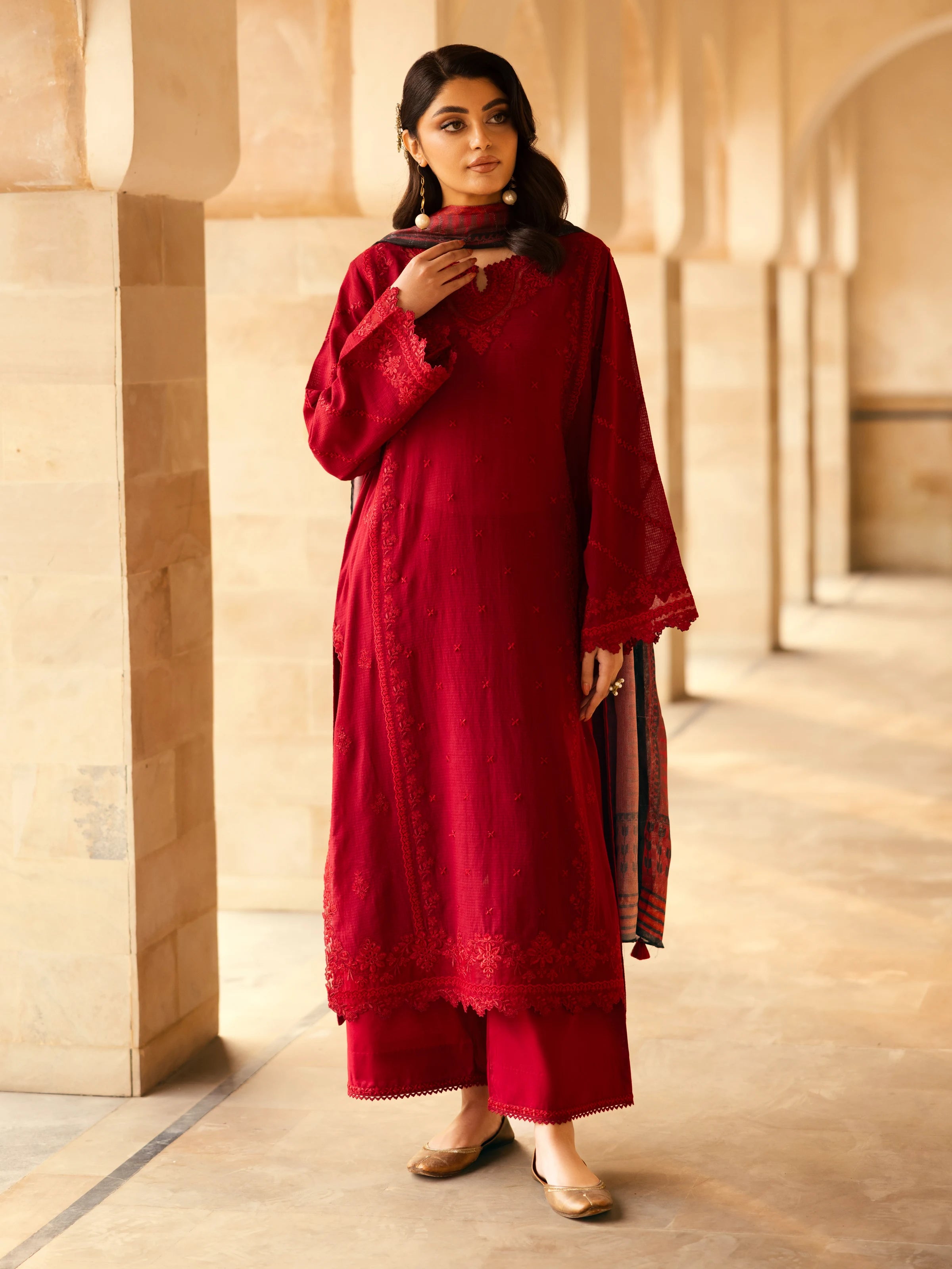 Unstitched Dark Maroon Embroidered Lawn 3 Piece - EWU5V1-31240-3P