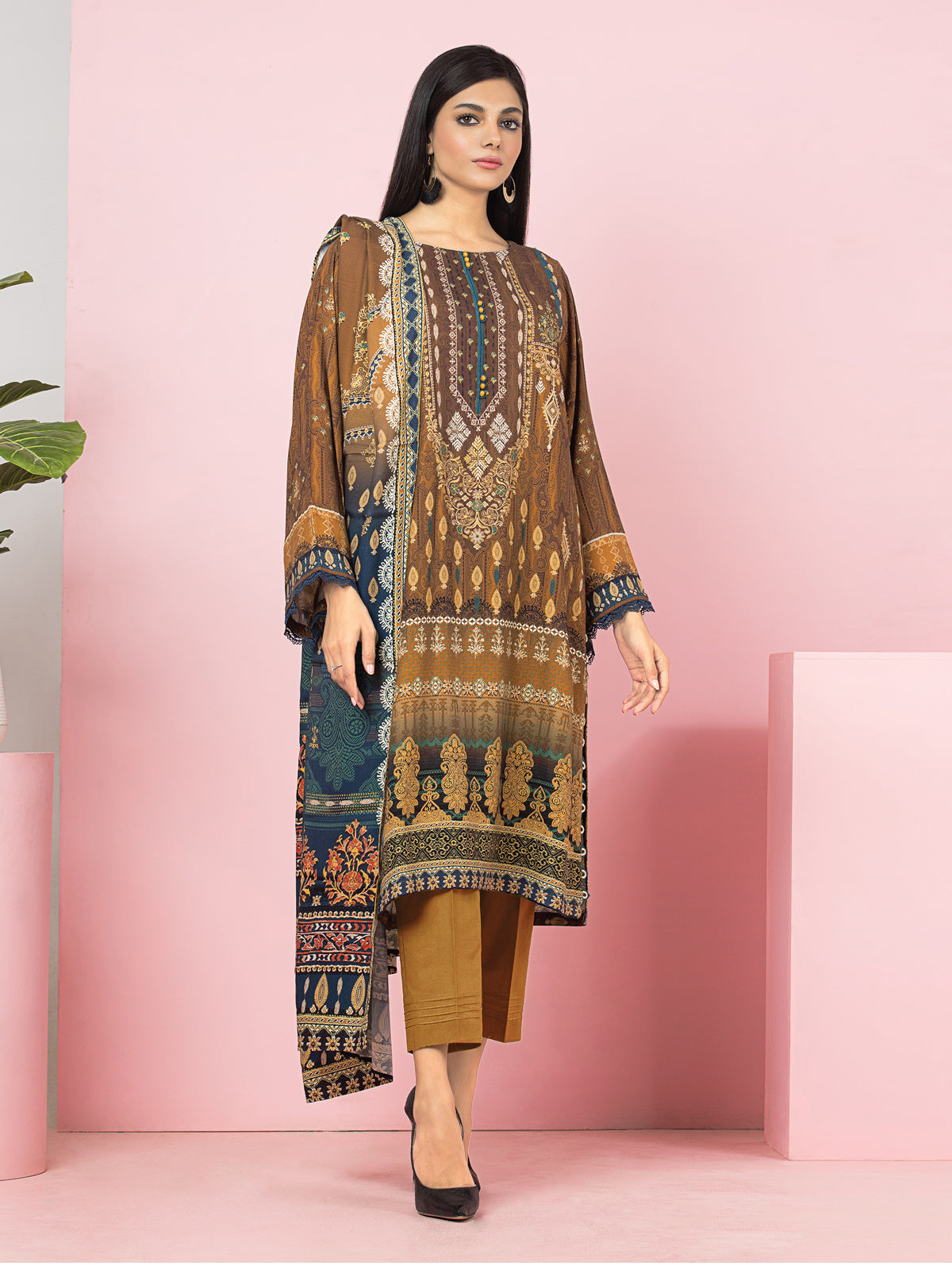 EWU22A4-24001SD Unstitched Brown Printed Viscose 2 Piece