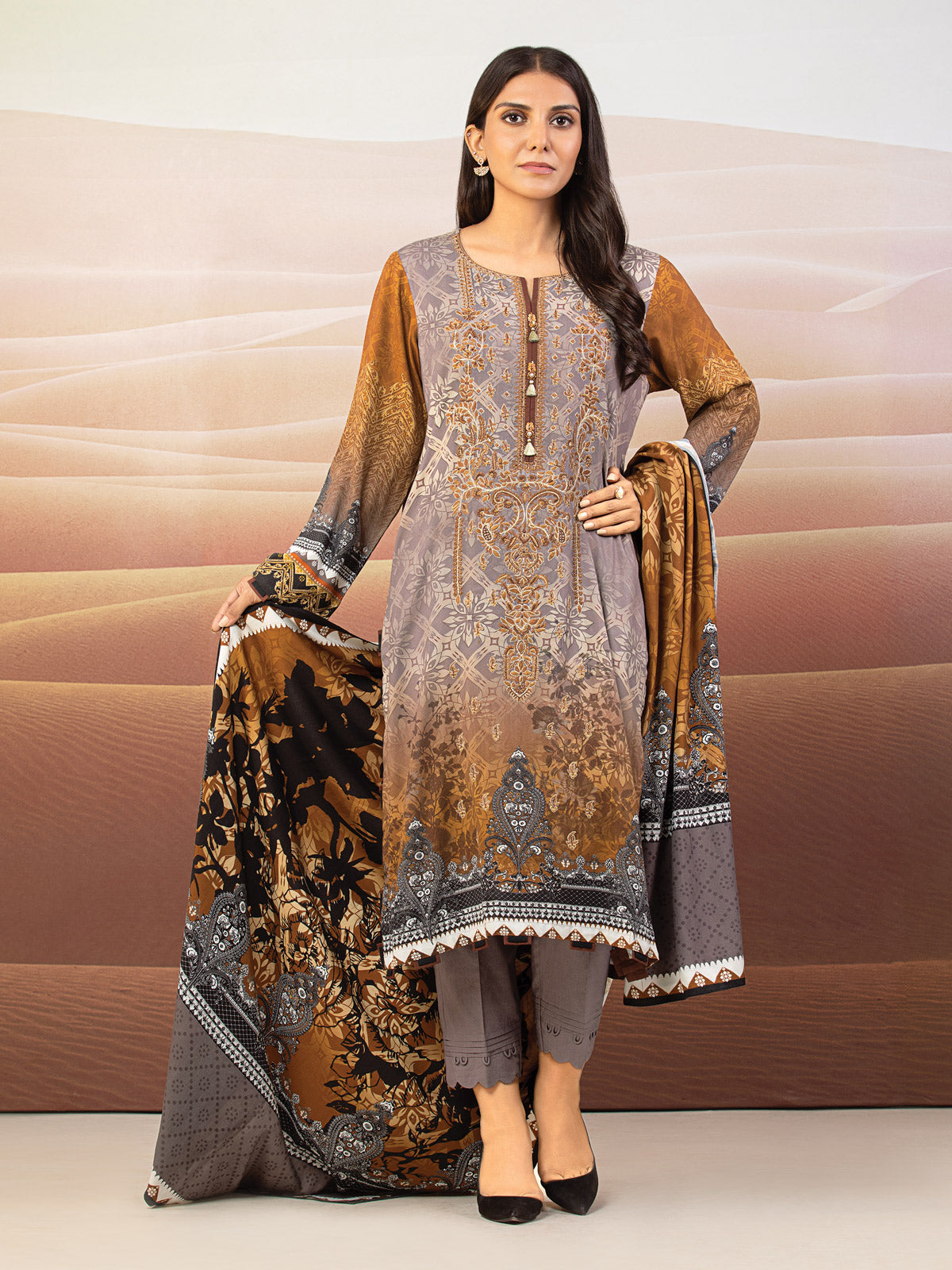 EWU22V10-25019 Unstitched Brown Embroidered Crepe 3 Piece