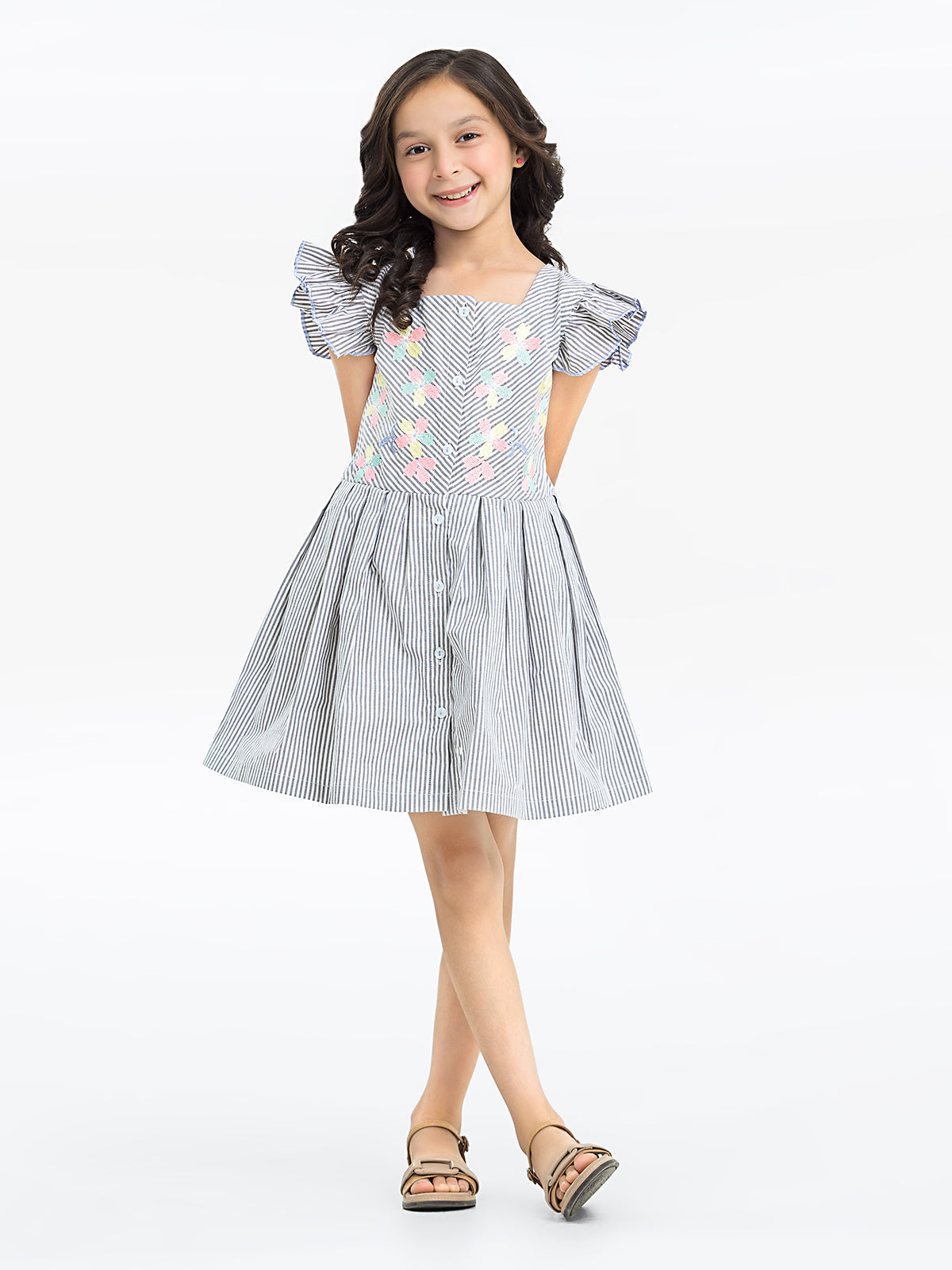 Girl's White & Grey Frock - EGTF24S-200099