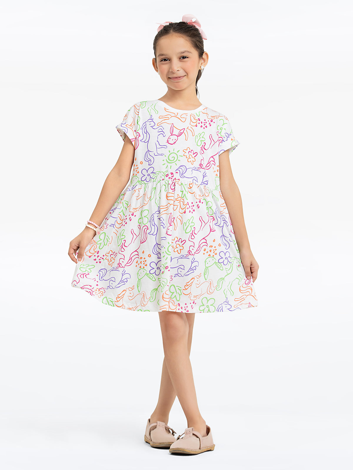 Girl's White Multi Frock - EGTFK24-002