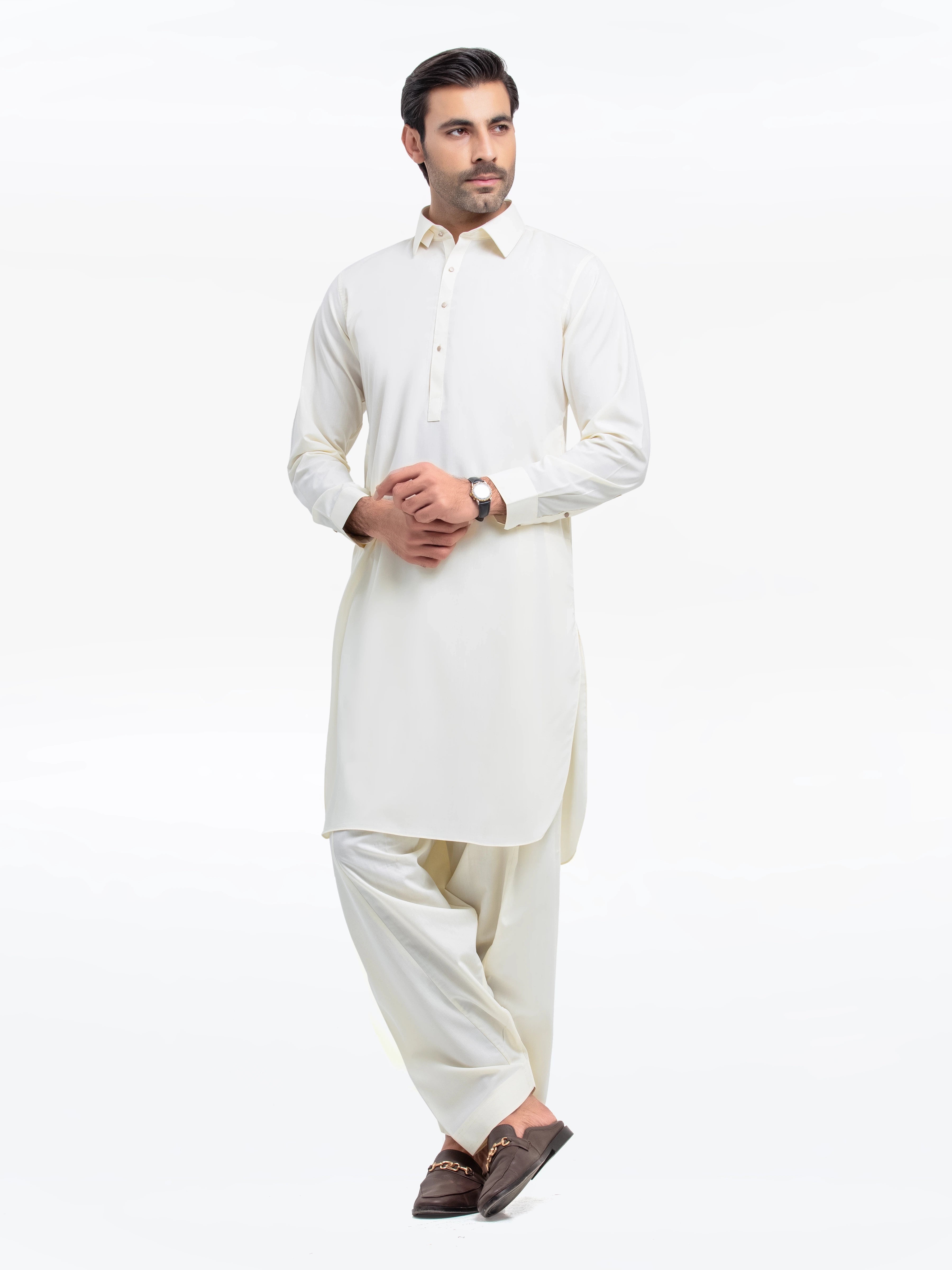 Men's Cream Kurta Shalwar - EMTKST24-99476