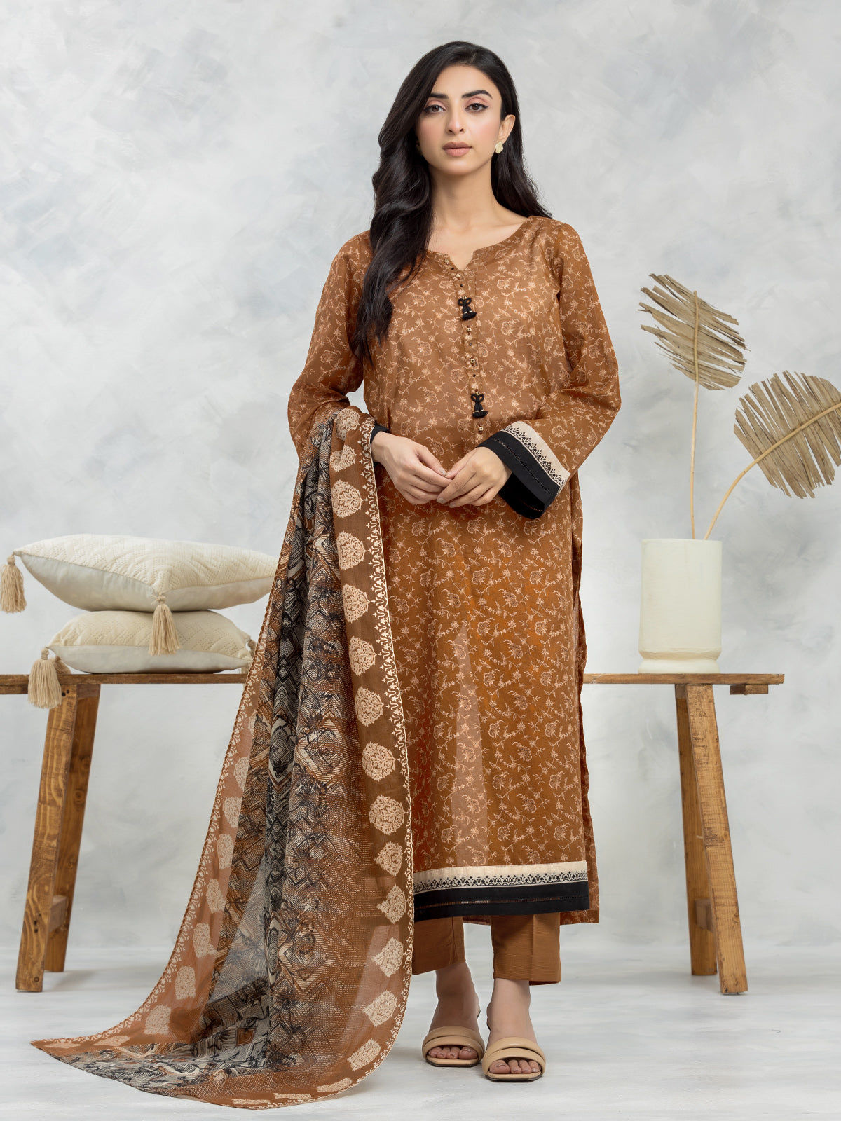 EWU24A1-28074-3P Unstitched Light Brown Printed Lawn 3 Piece