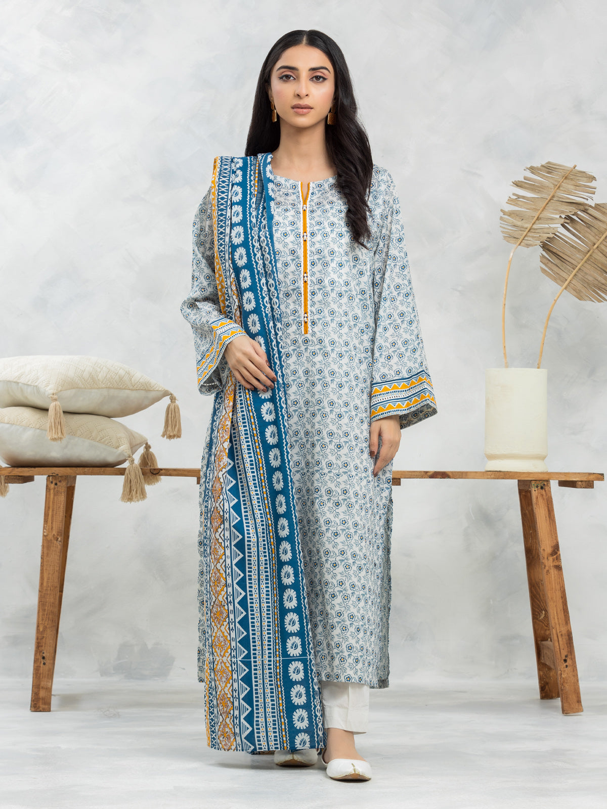 Unstitched Cream & Blue Printed Lawn 3 Piece - EWU24A1-28120-3P