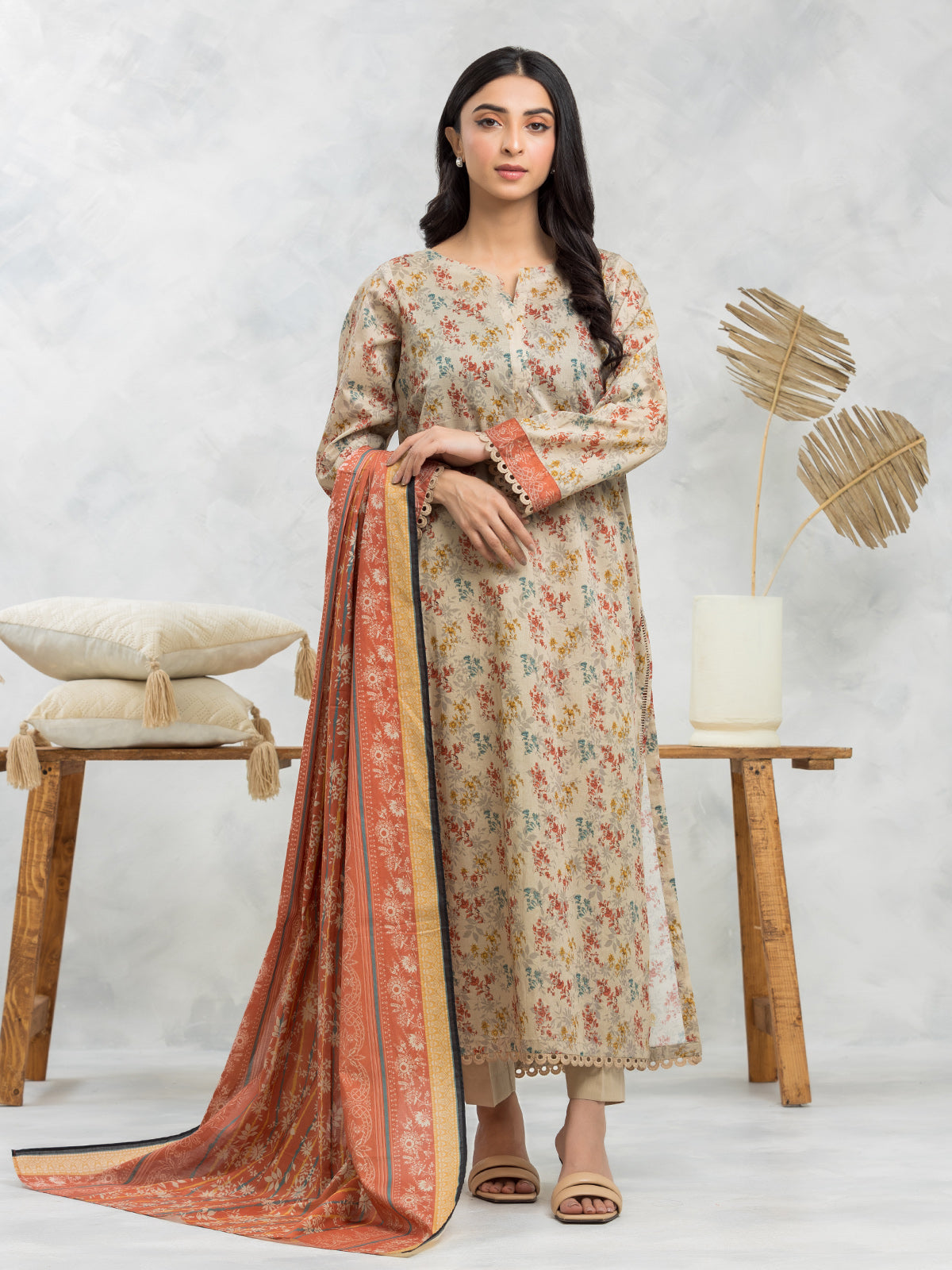 Unstitched Dark Beige Printed Lawn 3 Piece - EWU24A1-28276-3P