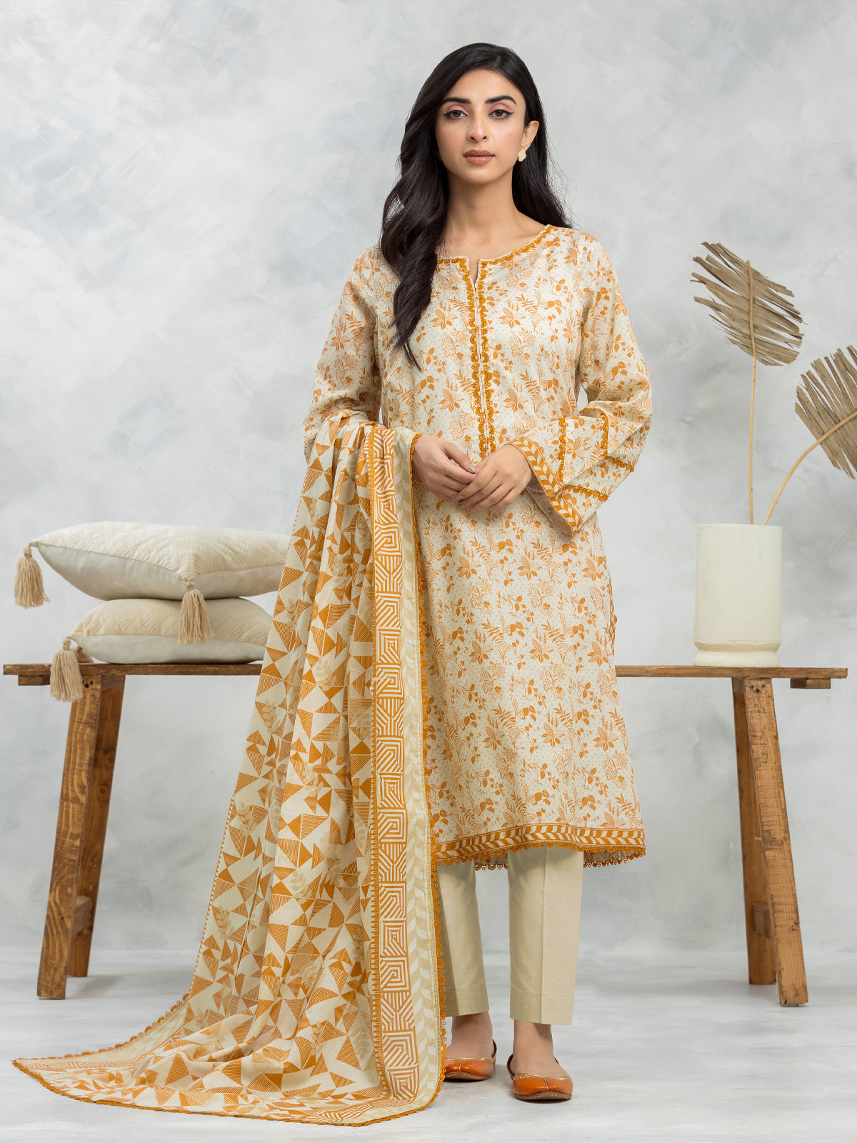 EWU24A1-28503-3P Unstitched Cream Printed Lawn 3 Piece