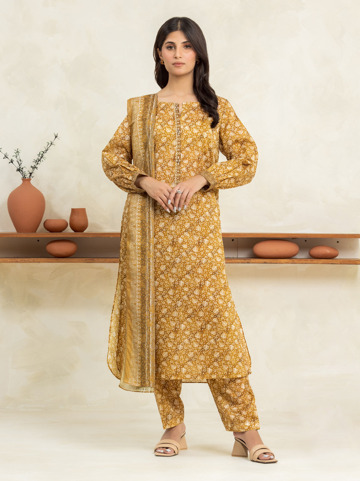 EWU24A1-28521-3P Unstitched Mustard Brown Printed Lawn 3 Piece