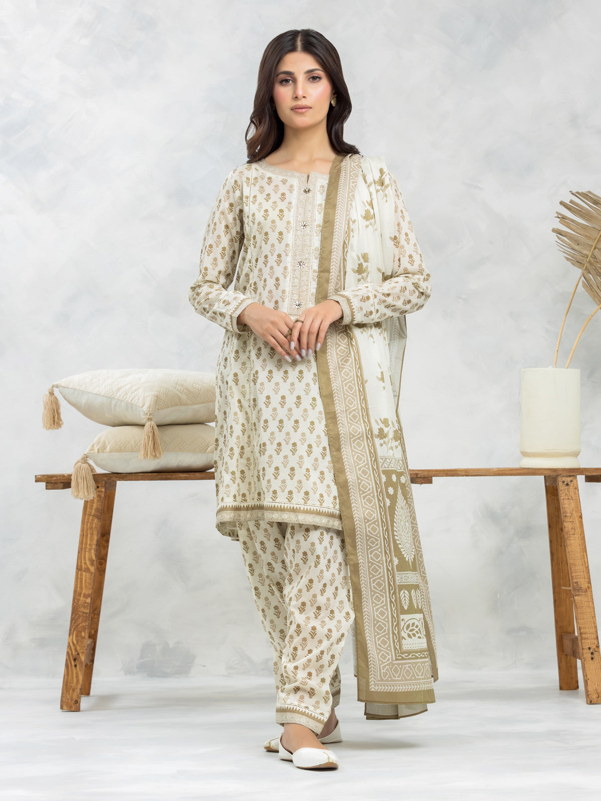 EWU24A1-28572-3P Unstitched Beige & Brown Printed Lawn 3 Piece