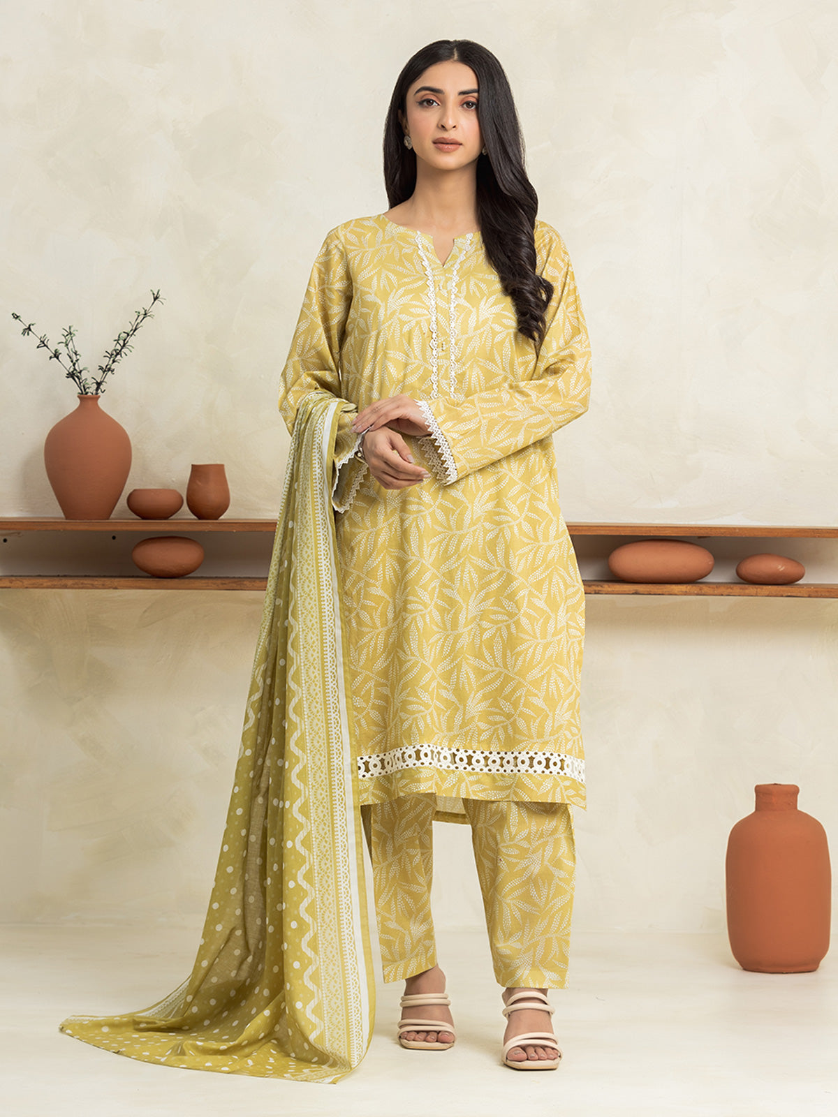 EWU24A1-29027-3P Unstitched Light Gold Printed Lawn 3 Piece