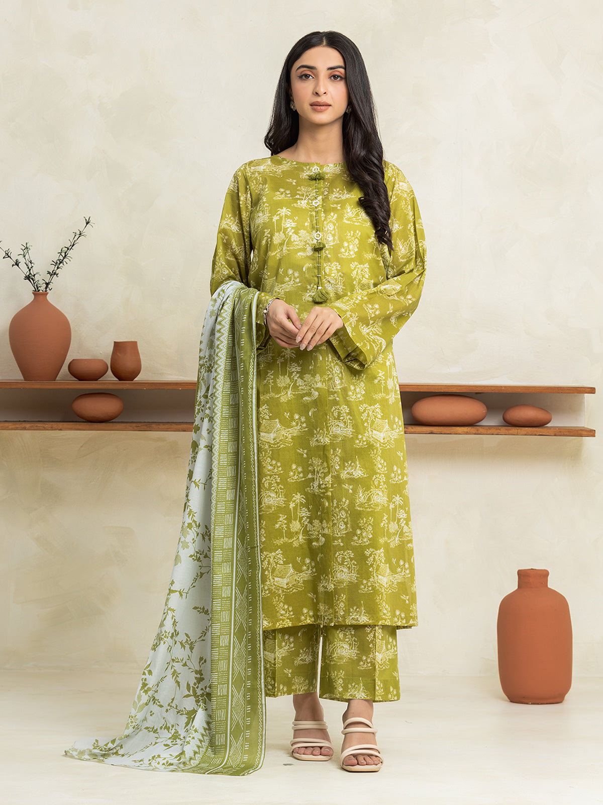 EWU24A1-29040-3P Unstitched Olive Printed Lawn 3 Piece