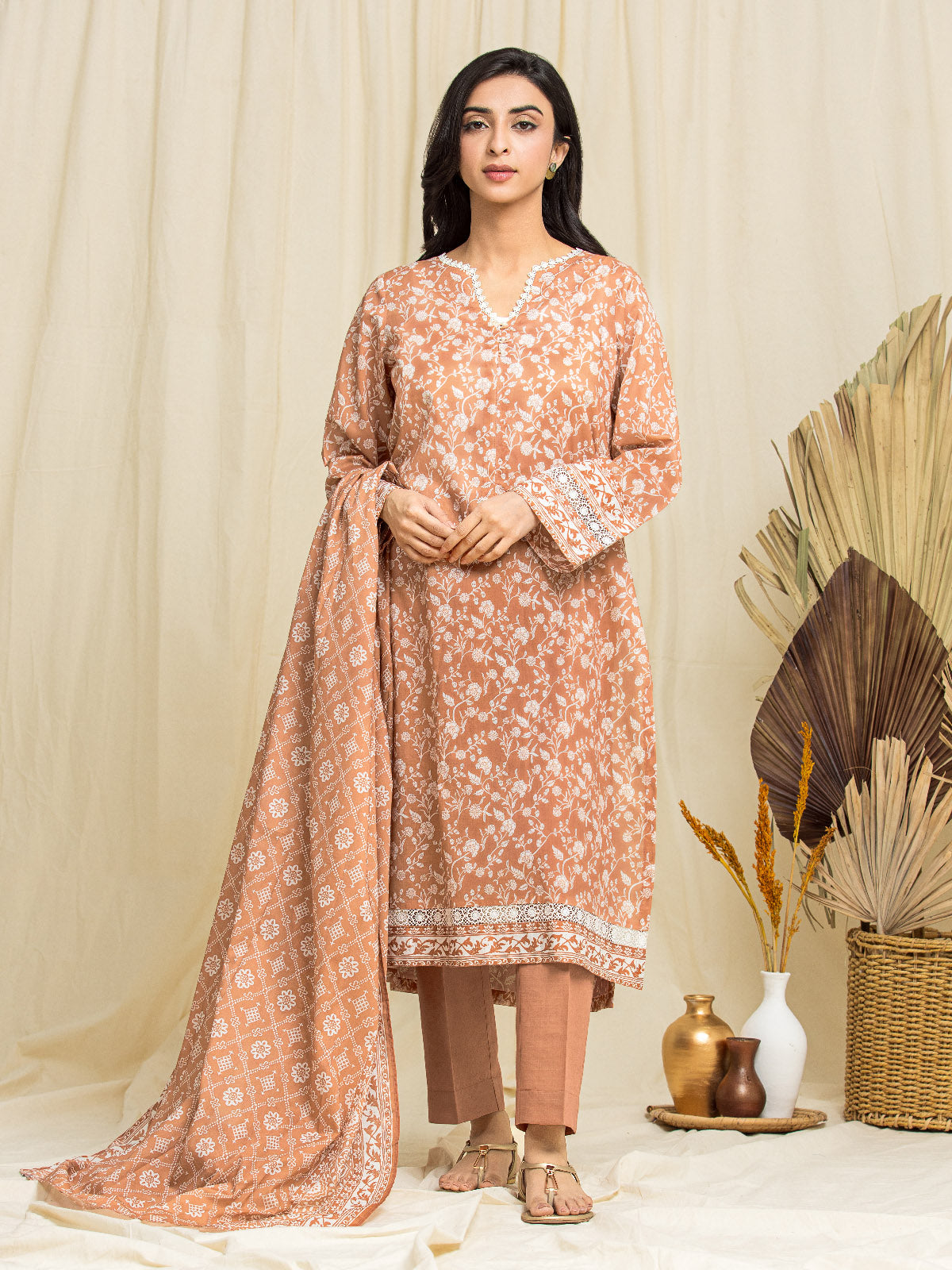 EWU24A1-29074-3P Unstitched Light Rust Printed Lawn 3 Piece