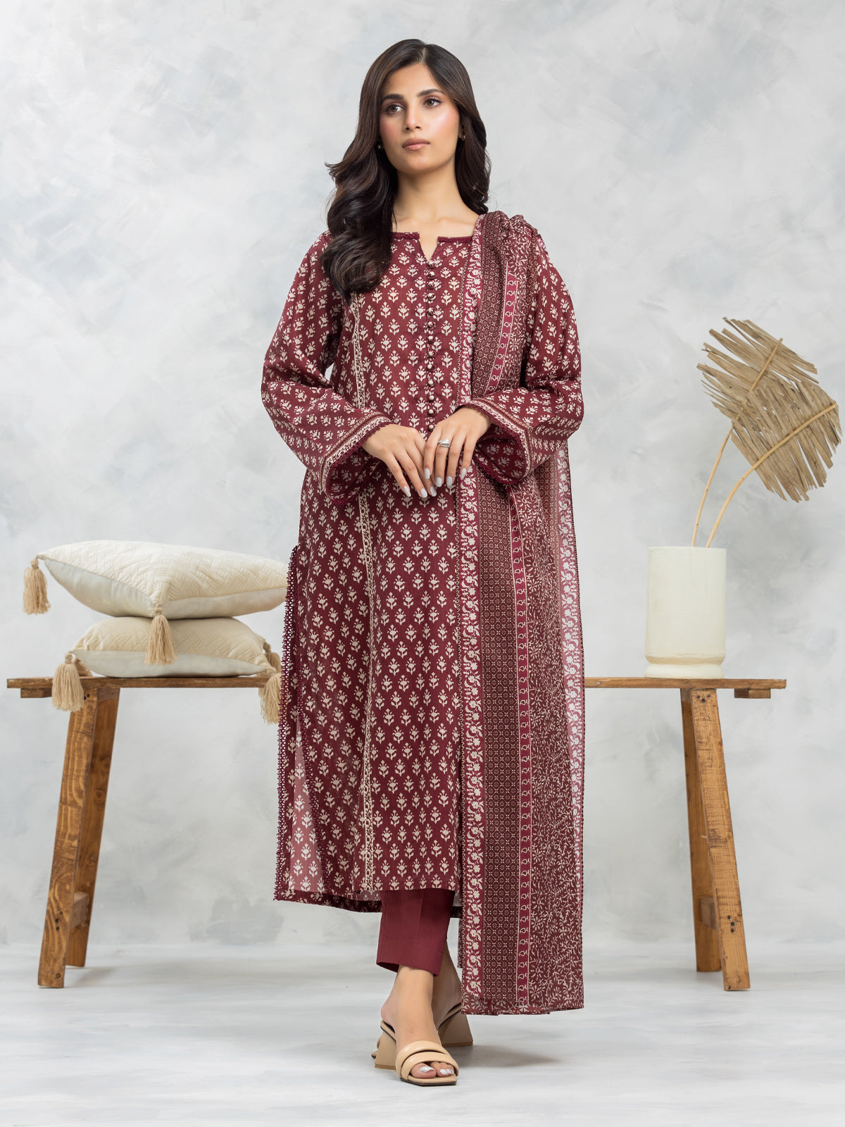 EWU24A4-29168-3P Unstitched Maroon Printed Viscose 3 Piece