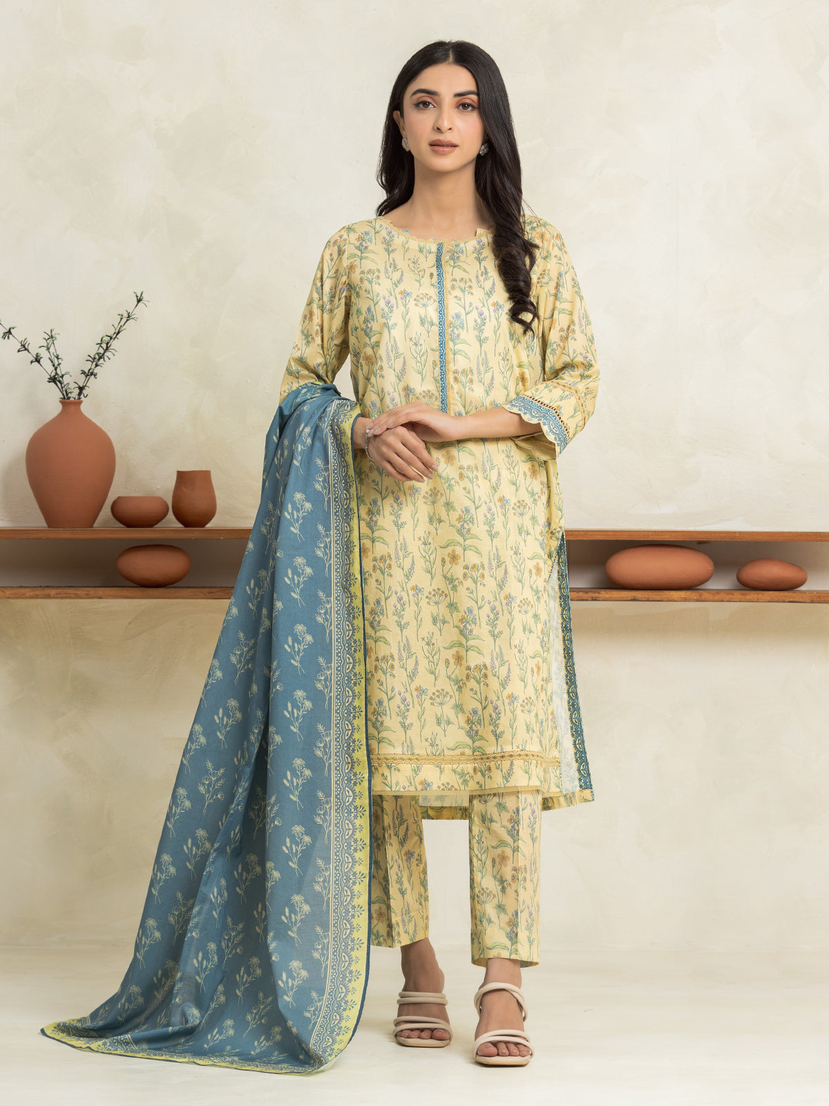 EWU24A1-29244-3P Unstitched Light Gold Printed Lawn 3 Piece