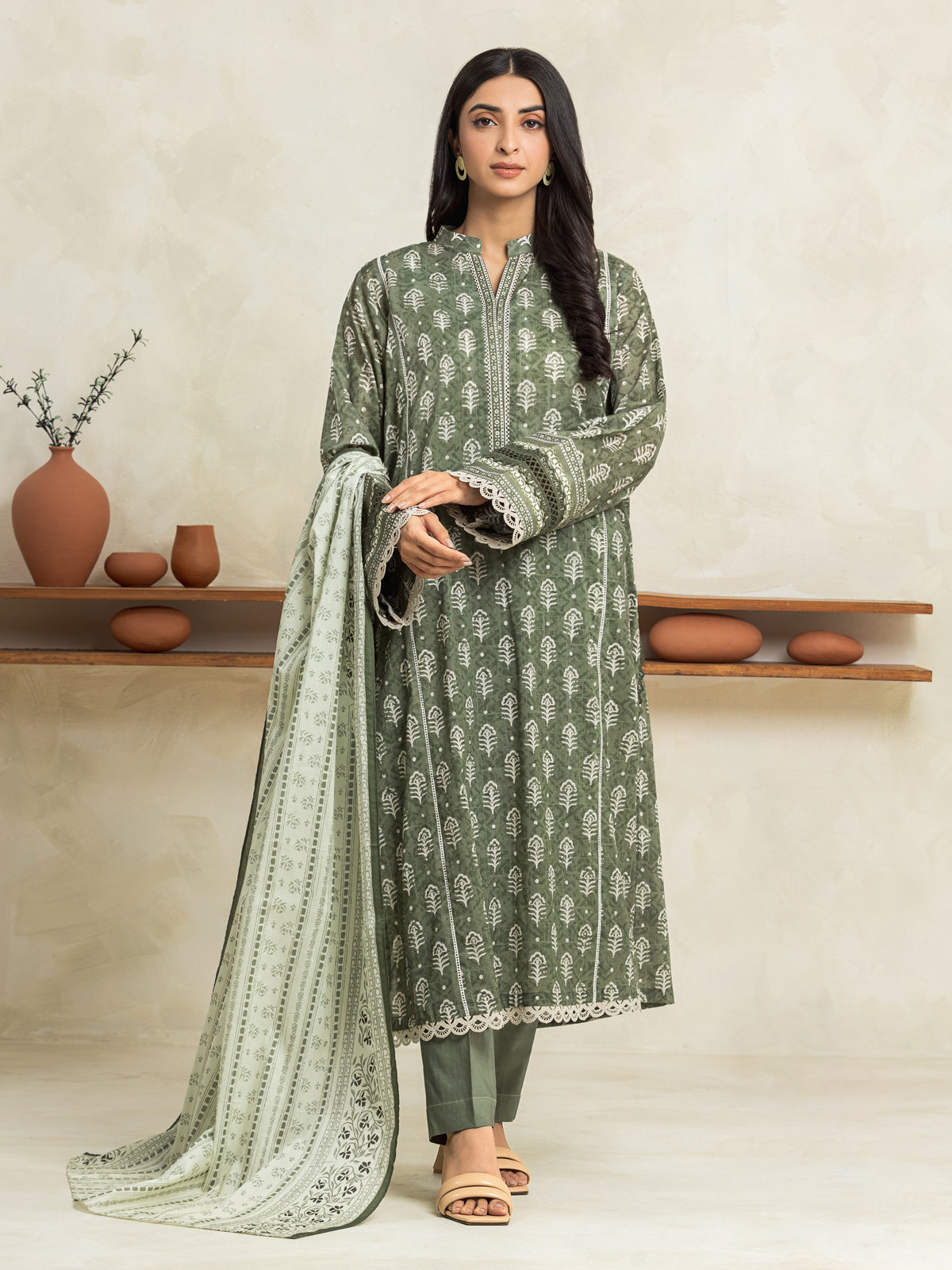 Unstitched Olive Green Printed Lawn 3 Piece - EWU24A1-29477-3P