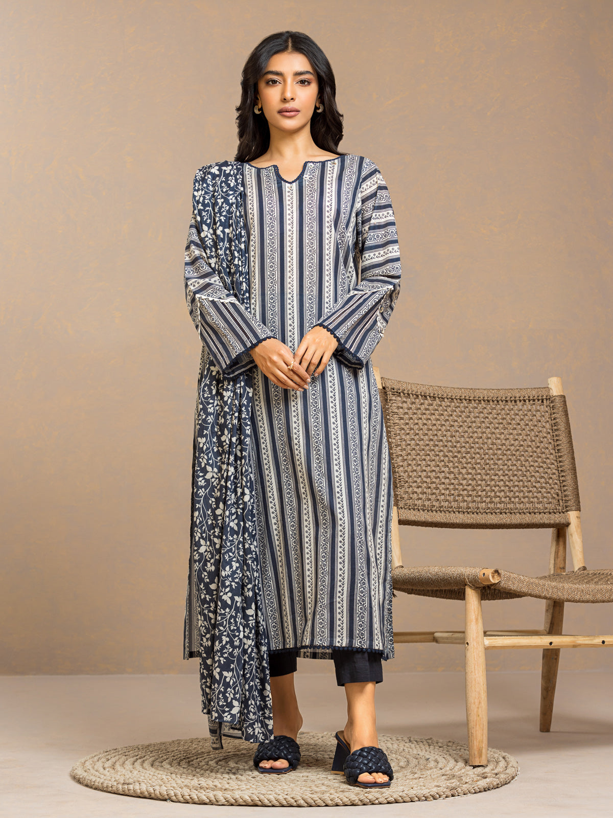 Unstitched Beige & Blue Printed Lawn 3 Piece - EWU24A1-29481-3P