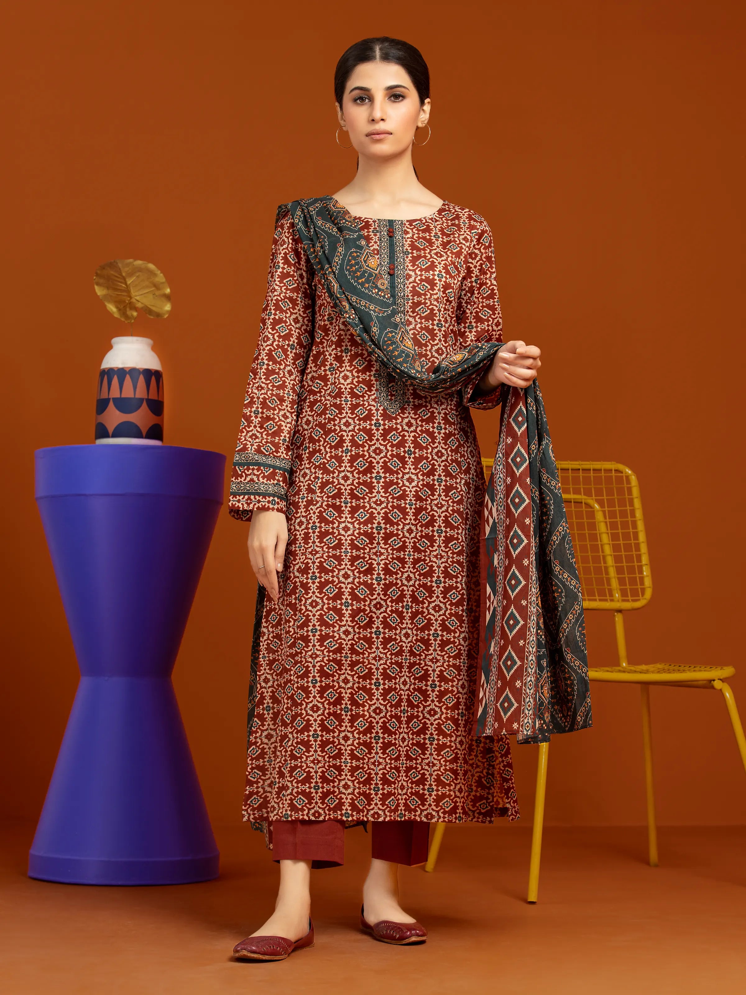 Unstitched Dark Rust Printed Cambric 3 Piece - EWU24A2-27012-3P