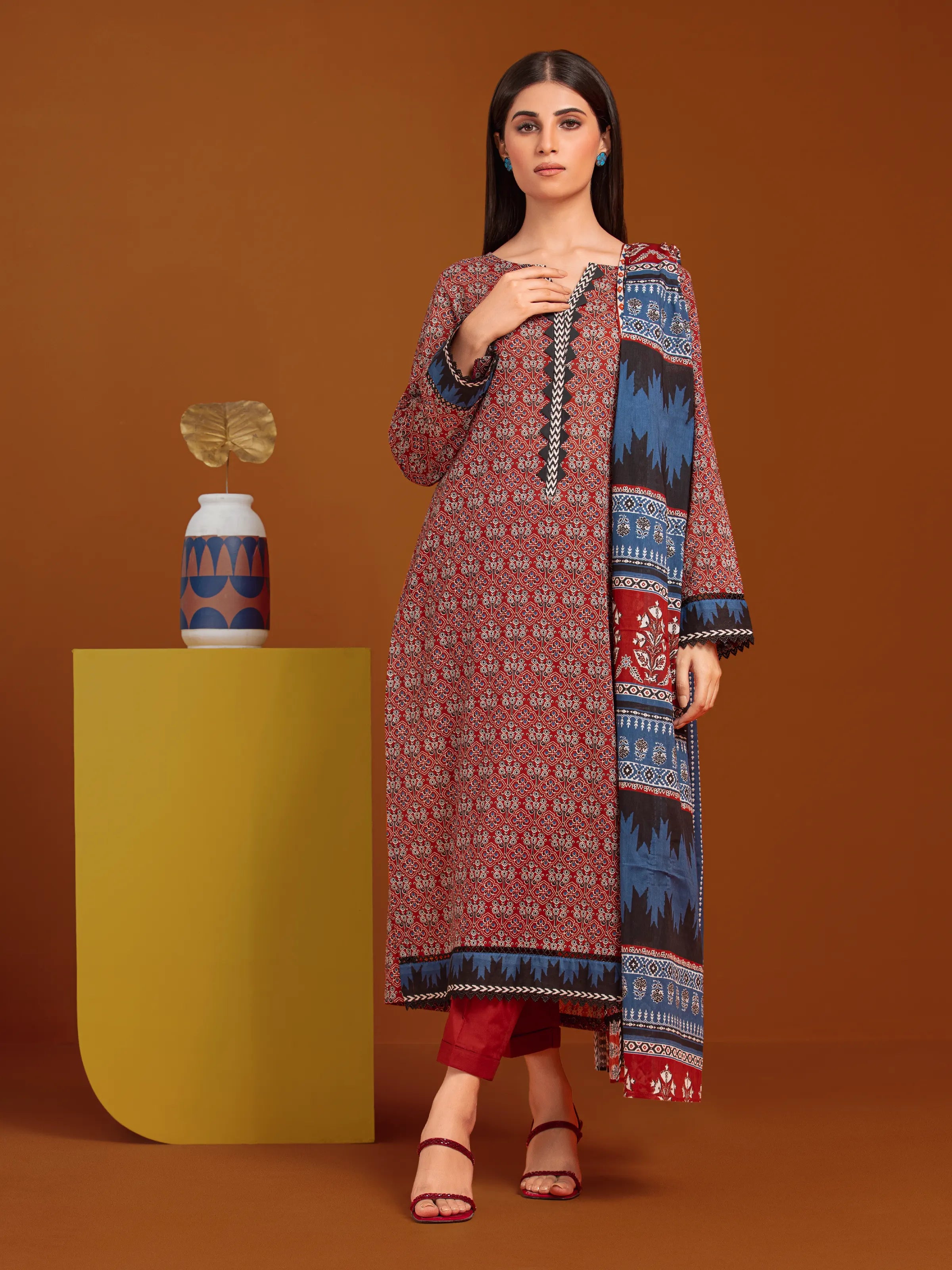 Unstitched Rust Printed Cambric 3 Piece - EWU24A2-27099-3P